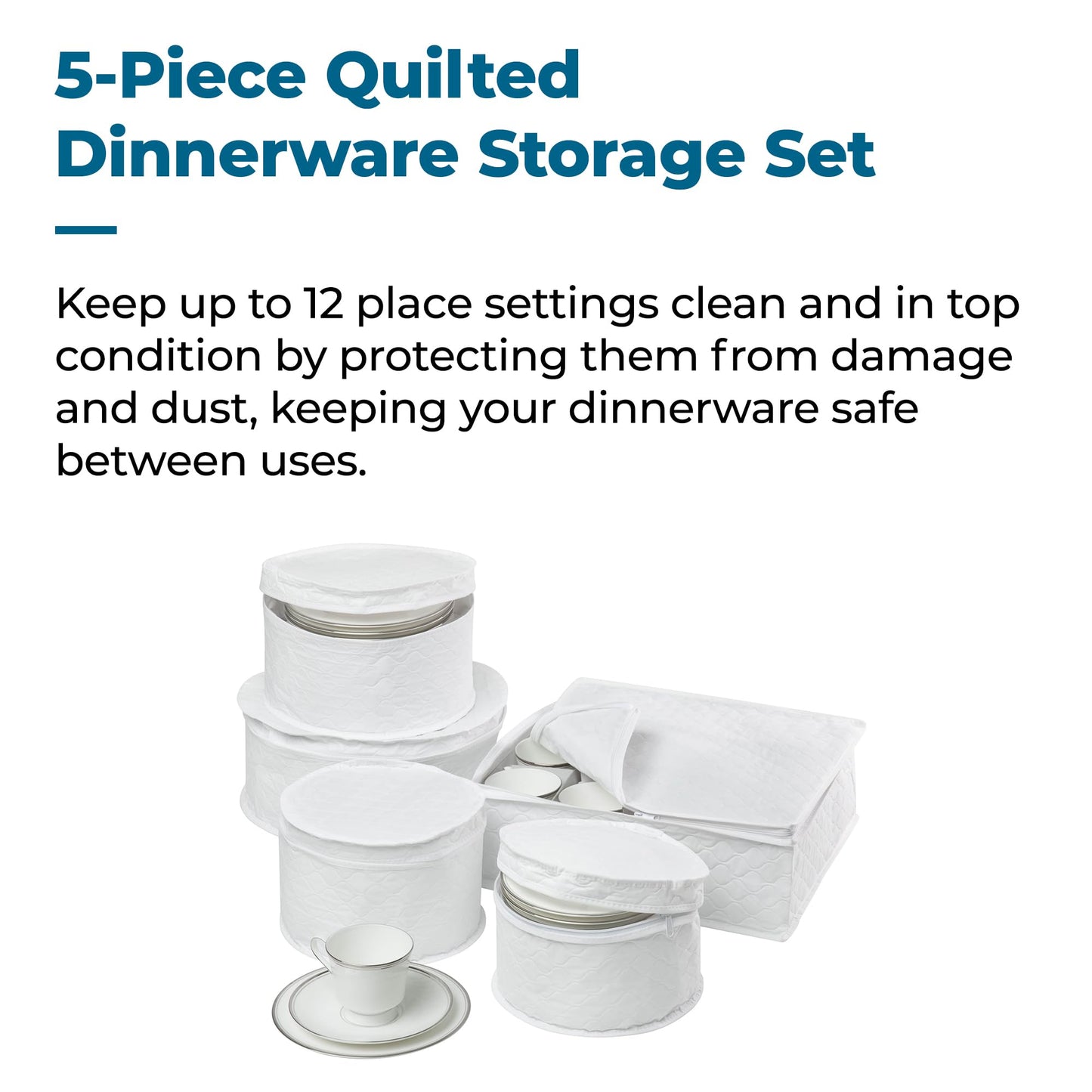 Honey-Can-Do Dinnerware Storage Containers Set, Perfect for Dish Storage, China Storage, and Cup Storage, Quilted Containers To Keep Your Heirlooms and Fine China Protected and Organized, 5-Piece Set