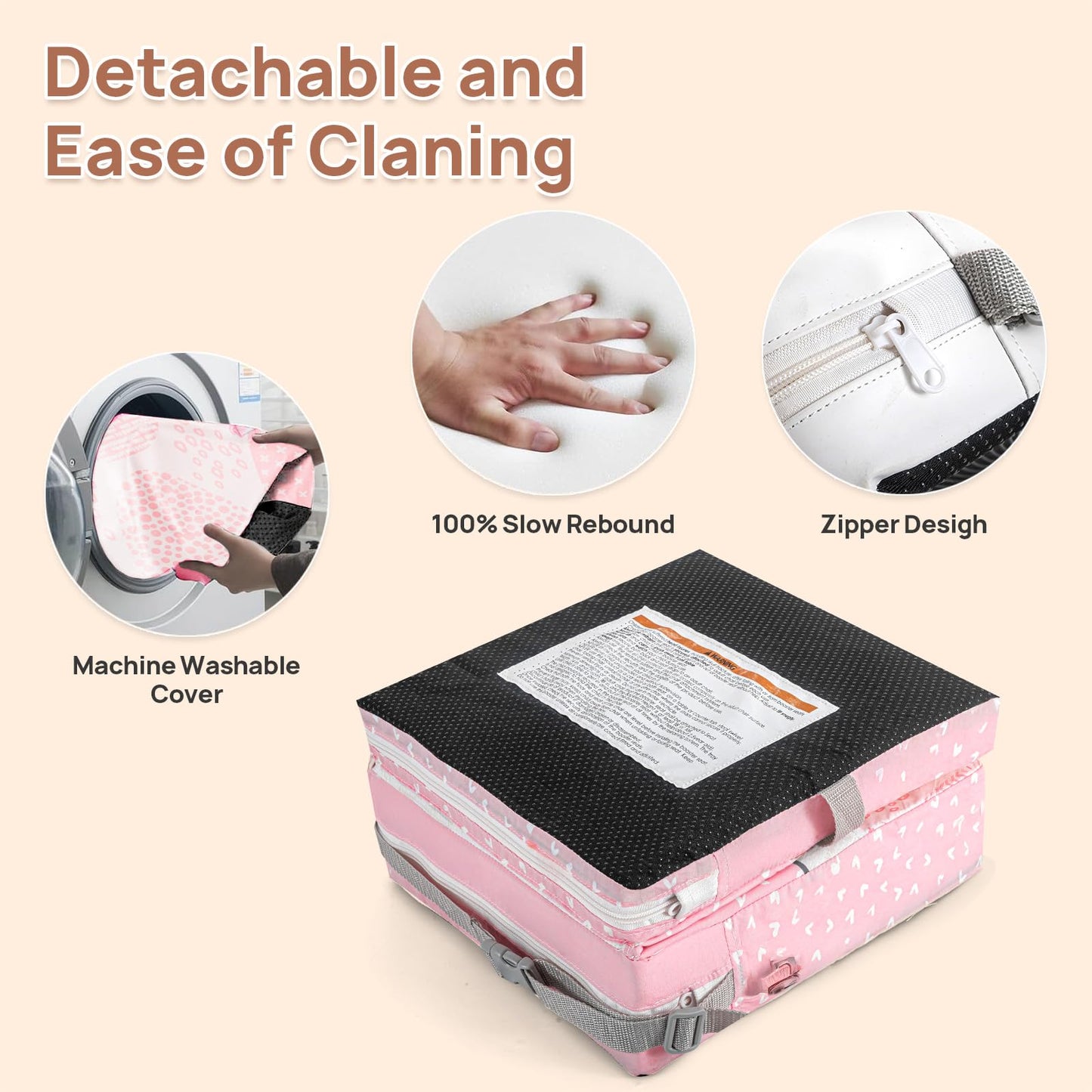 Toddler Booster Seat for Dining Table, Portable Booster Seat for Table, Adjustable Pink Cushion with Creative Design, Washable Seat Pad, Easy to Clean