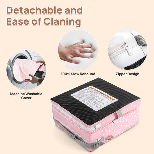 Toddler Booster Seat for Dining Table, Portable Booster Seat for Table, Adjustable Pink Cushion with Creative Design, Washable Seat Pad, Easy to Clean