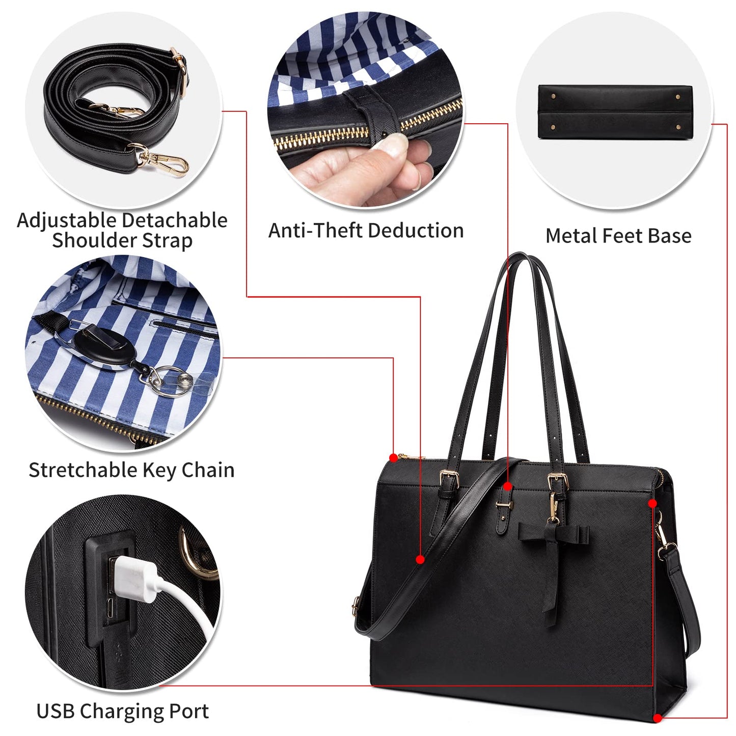 Keyli Laptop Tote Bag for Women Waterproof Leather Work Laptop Briefcase with Built-in USB Charging Port Computer Shoulder Bags Fits 15.6 Inch, Business Handbag Purse 4pcs Set Black