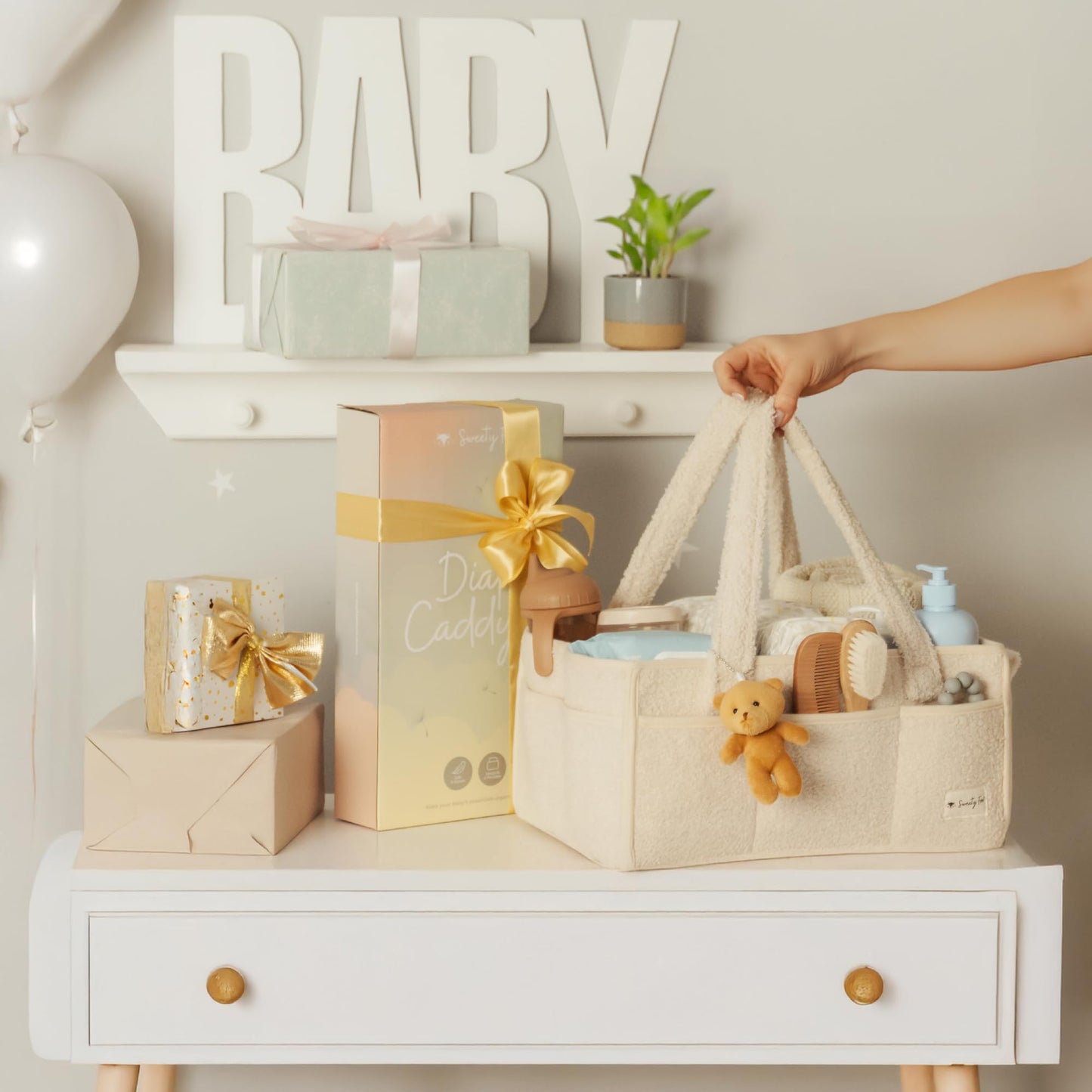 Sweety Fox Baby Diaper Caddy Organizer with Handle - Portable Sherpa Nursery Basket - Car Diaper Organizer, Cleaning Caddy, Gift for Baby Shower - Ivory