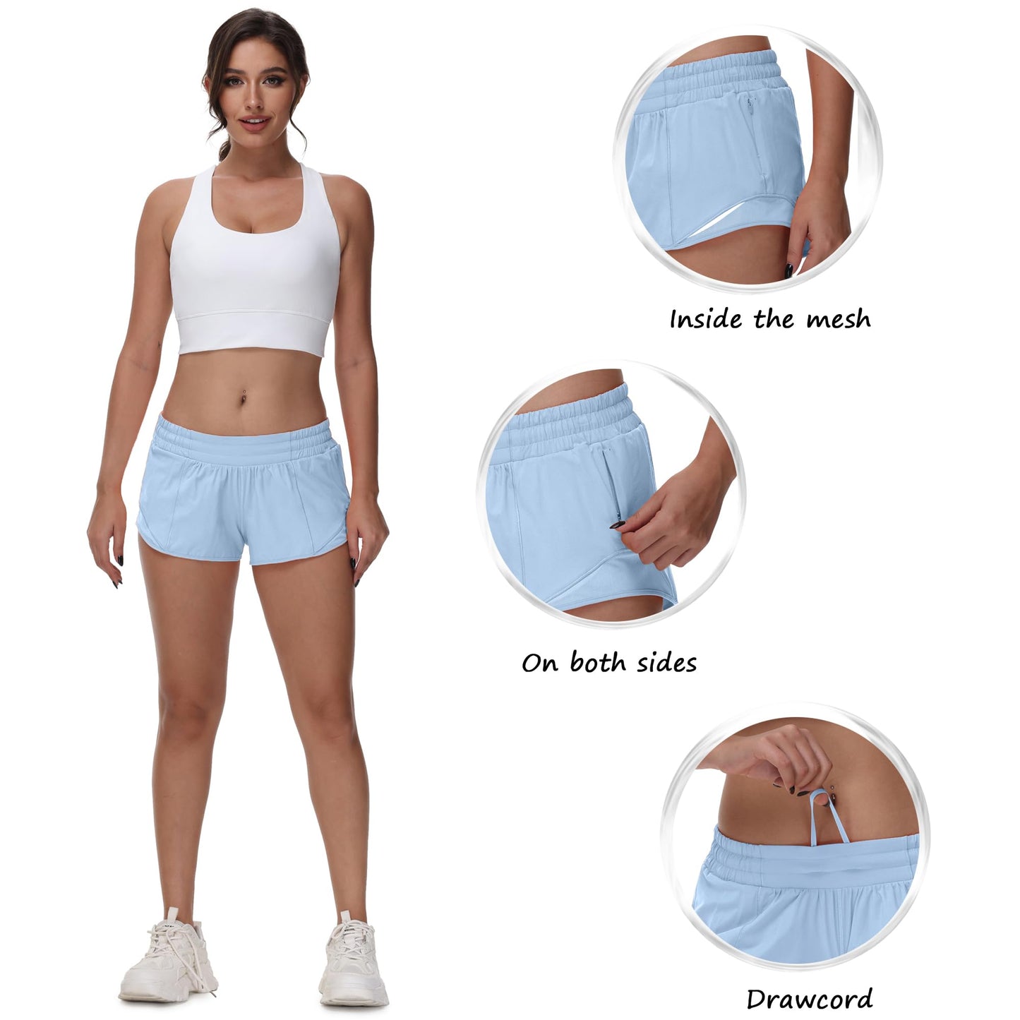 MCEDAR Women's Running Shorts Low Waisted 2.5"，Lightweight Active Workout Quick Dry Gym Athletic Sports Shorts Zip Pocket Pastel Blue,6/S