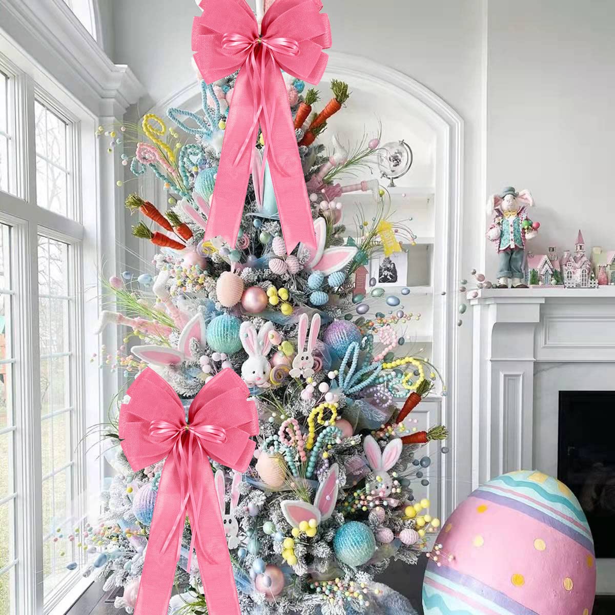 2 Pcs Large Pink Christmas Wreath Bows Decor,Xmas Tree Topper Bow Decorations with Pink Burlap and Glitter String for Christmas Holiday Home Front Door Outdoor