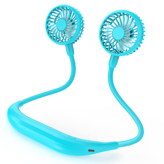 Portable Neck Fan, 2600mAh Battery Operated, Ultra Quiet Hands Free USB Fan with 3 Speeds, Strong Wind, 360° Adjustable High Flexibility Wearable Personal Fan for Sport Office Outdoor Travel (Cyan)