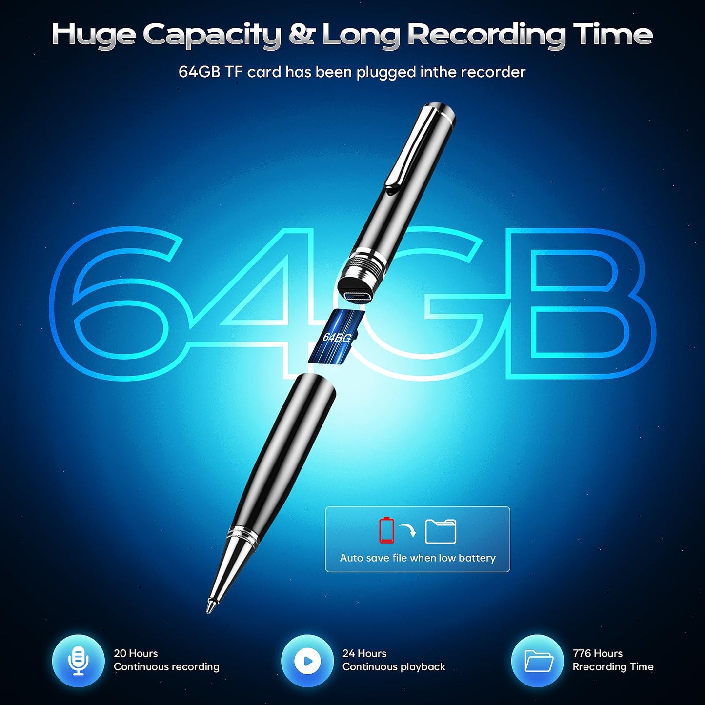 64GB Digital Voice Recorder - ZIPCIDE Digital Voice Activated Recorder with AI-Intelligent Noise Reduction, Voice Activated Sound Audio Tap Recorder Device for Lectures Meetings, Work, Interviews