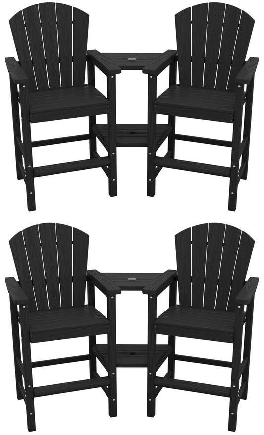 SERWALL Tall Adirondack Chairs Set of 4 with Double Layer Connecting Tray, HDPE Bar Height Outdoor Chairs, Wood-Like Adirondack Bar Stools for Patio, Balcony, Porch, Black