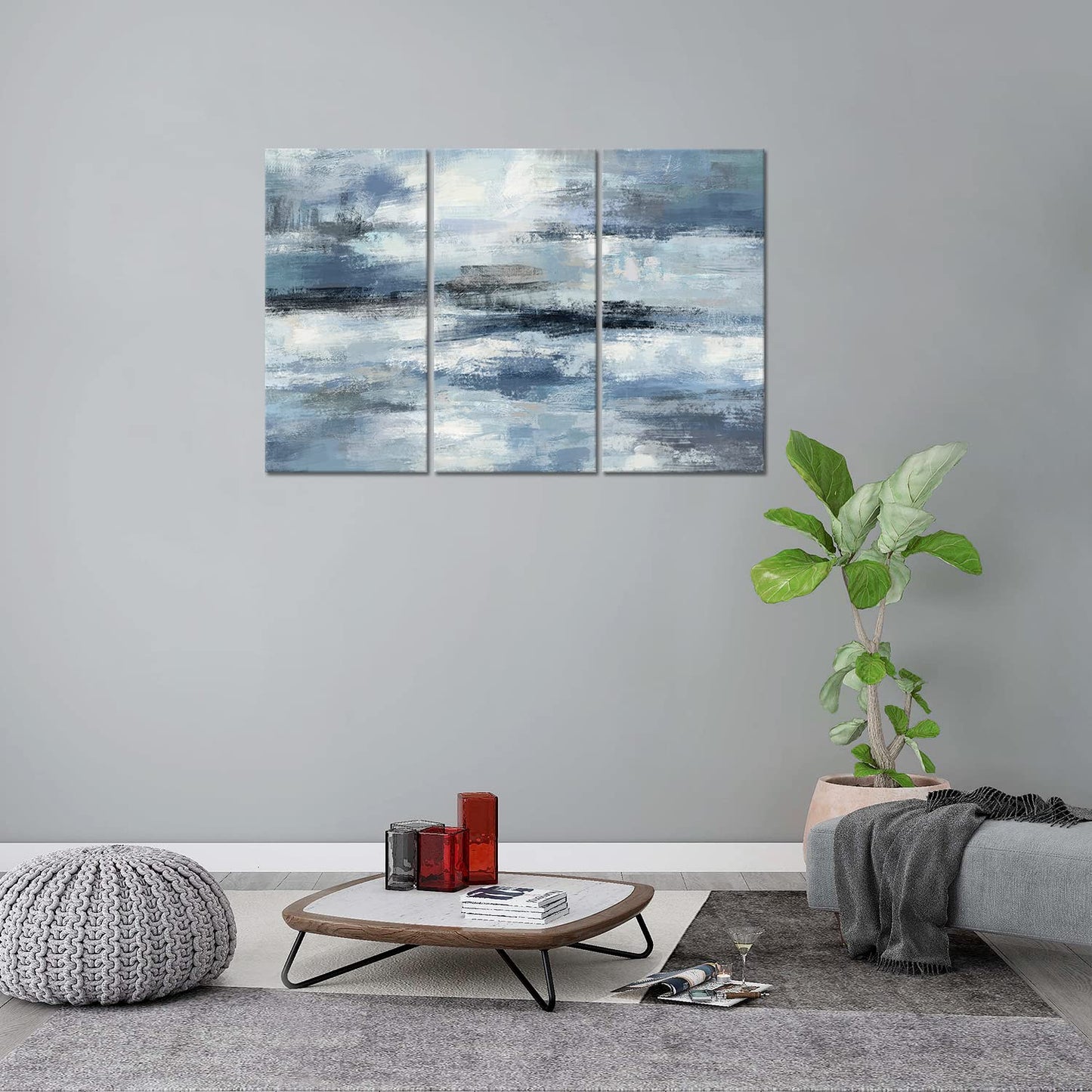 Blue Abstract Wall Art-Grey Abstract Picture 3 Piece Living Room Office Canvas Wall Art Print Wall Painting Modern Artwork for Home Bedroom Wall Decor
