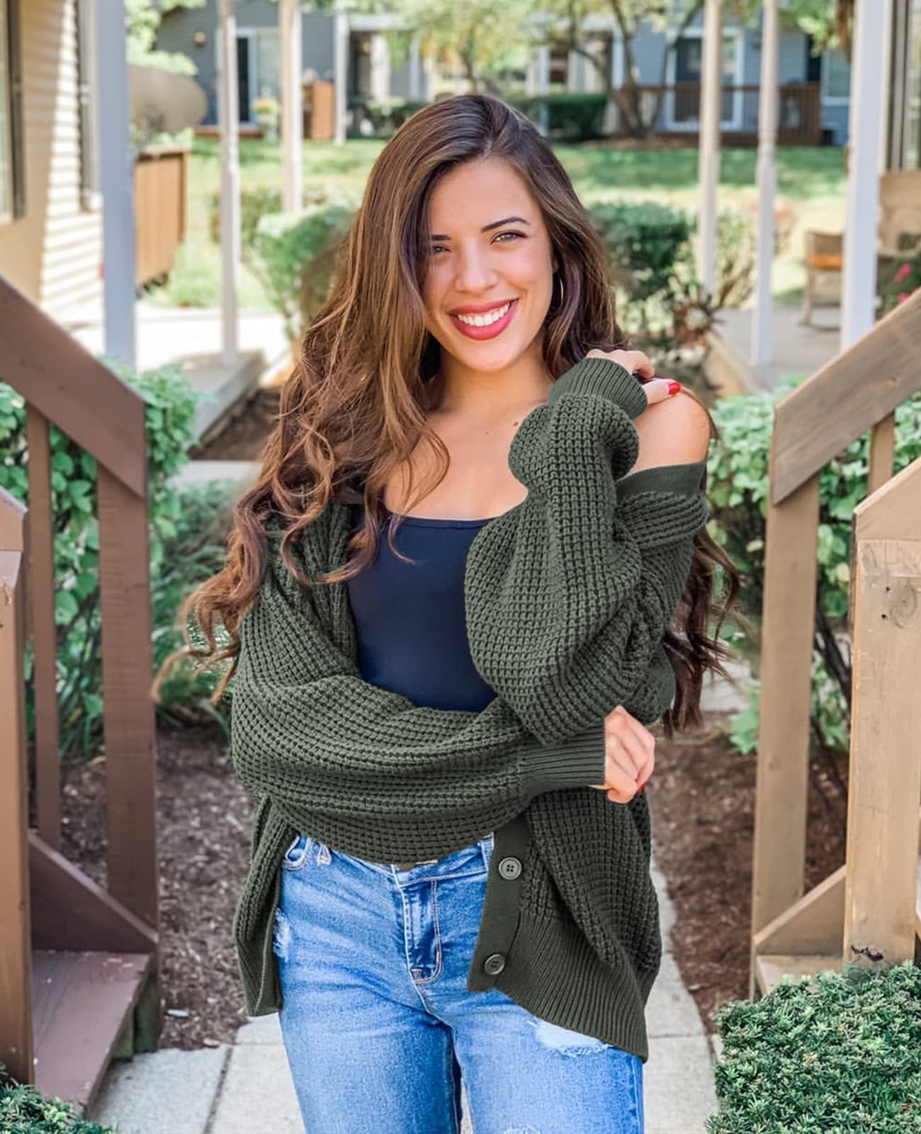 QUALFORT Cardigan Sweaters for Women 100% Cotton Button-Down Long Sleeve Oversized Knit Coatigan Jackets Green Large