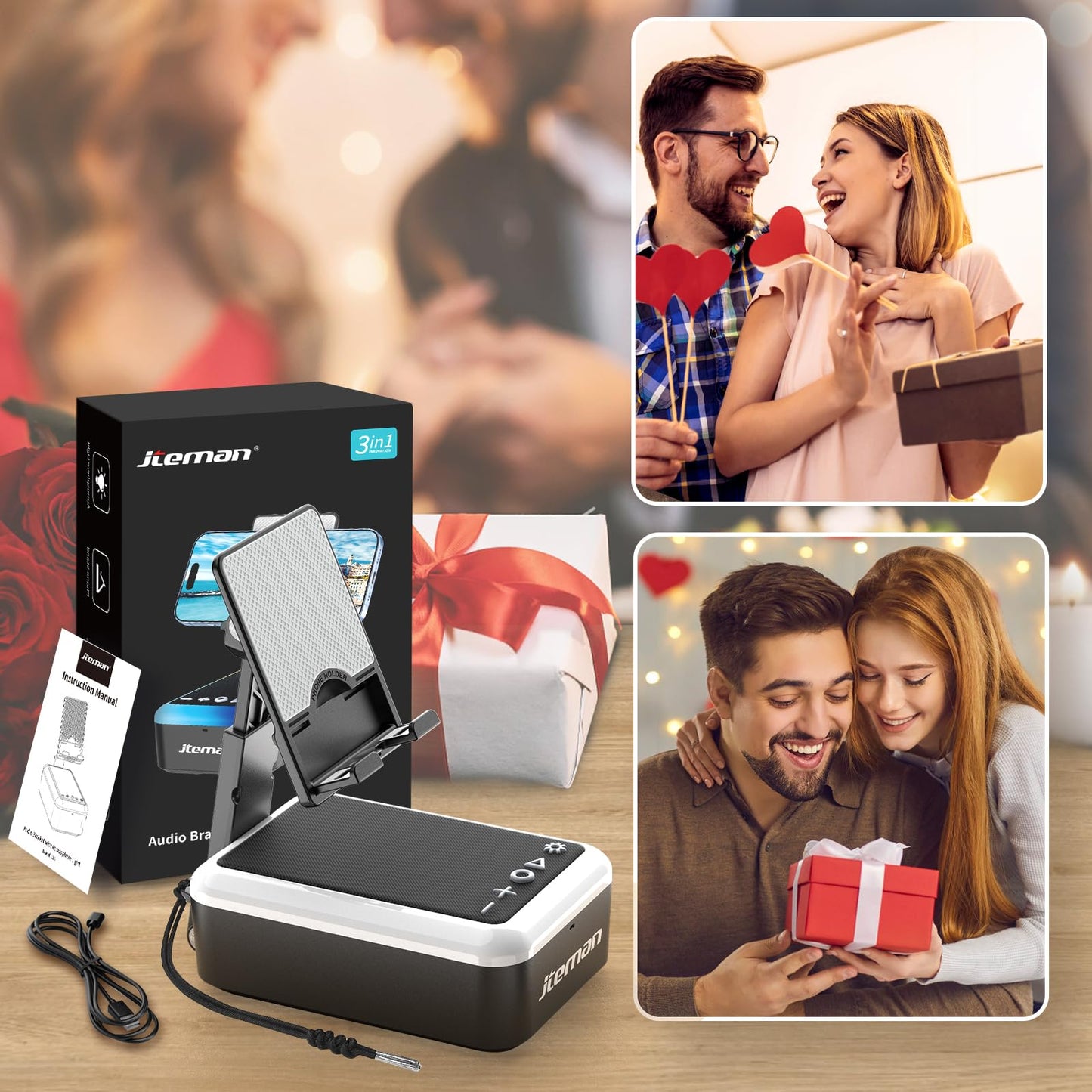 Gifts for Men Women, Cell Phone Stand with Bluetooth Speaker and Light, Portable Lanyard, Cool Tech Gifts for Dad Mom Husband, Unique Birthday Gift Ideas Black