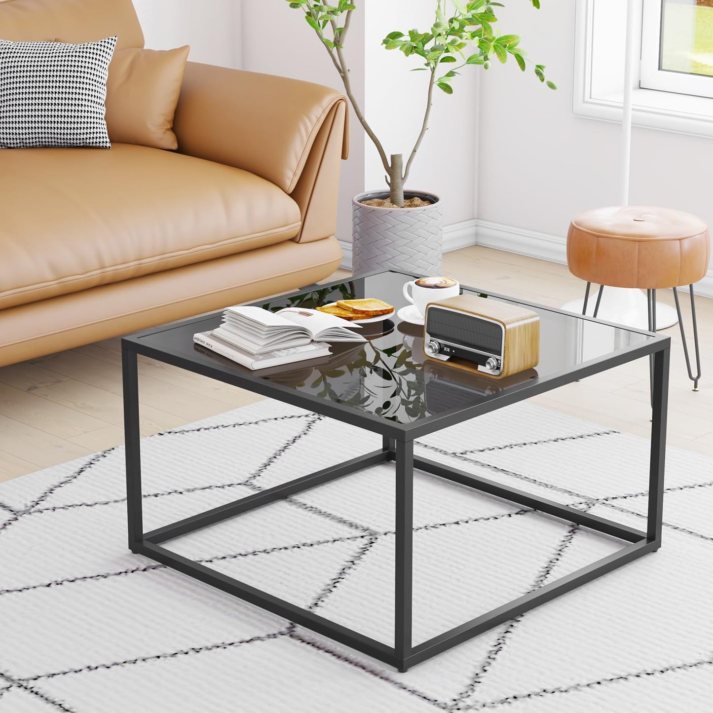 YMYNY Glass Coffee Table, Tempered Glass Square Coffee Tables with Metal Frame, Unique Modern Table for Living Room Home Office 26.77" x 26.77" x 15.75", Black, UHCT001B