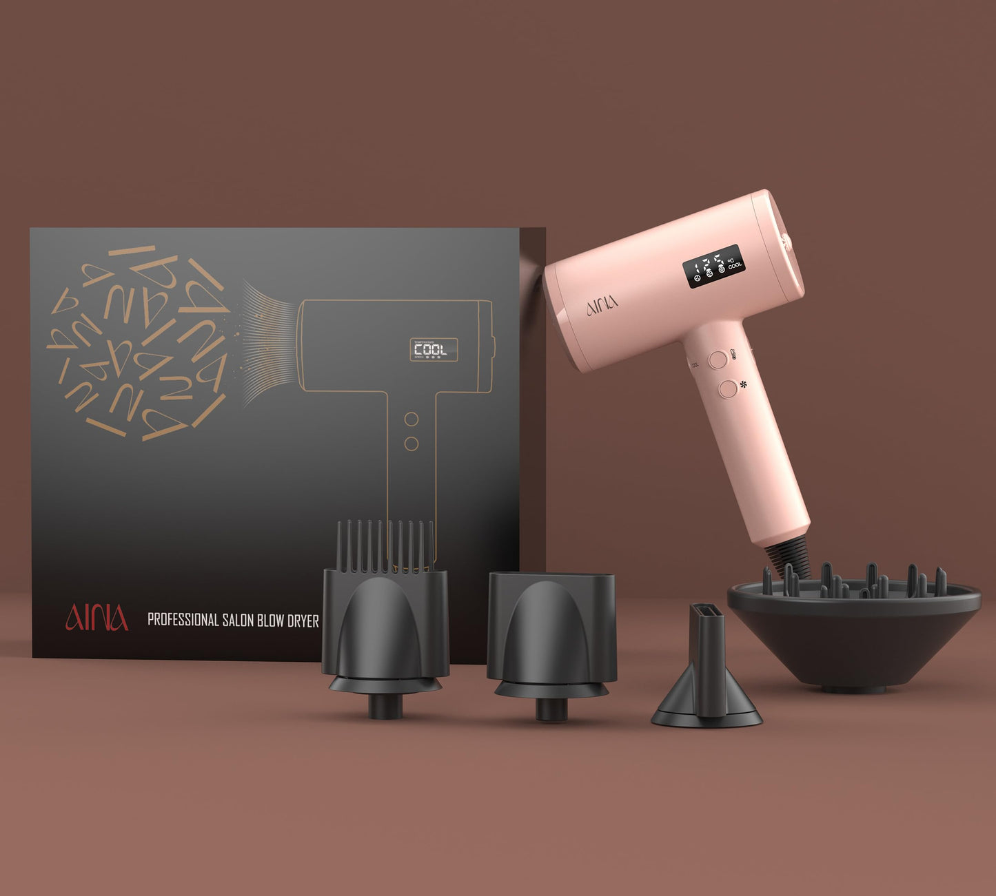 AINA Professional Salon Hair Dryer,2000W Blow Dryer with Diffuser Brush Comb for Women-BLDC Hair Dryer-Brushless Motor 150,000 RPM,Ionic,LED Display,4 Magnetic Attachments 110V/ALCI (Baby Pink)