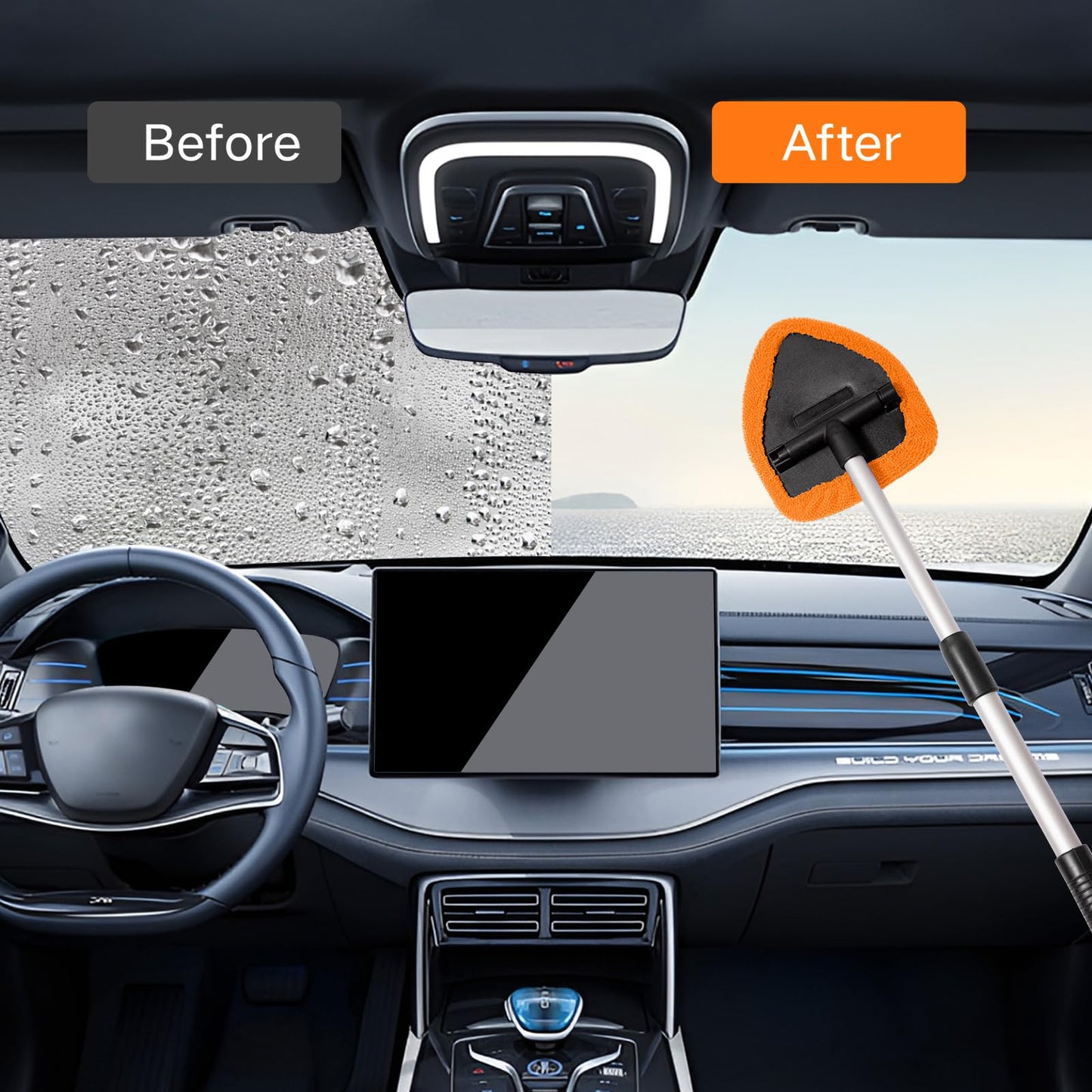 Qydipclin 10pcs Windshield Cleaner Tool, Car Window Cleaning Wash Kit with 4 Reusable Microfiber Pads 1 Spray Bottle and Extendable Handle Auto Glass Wiper Kit, Orange