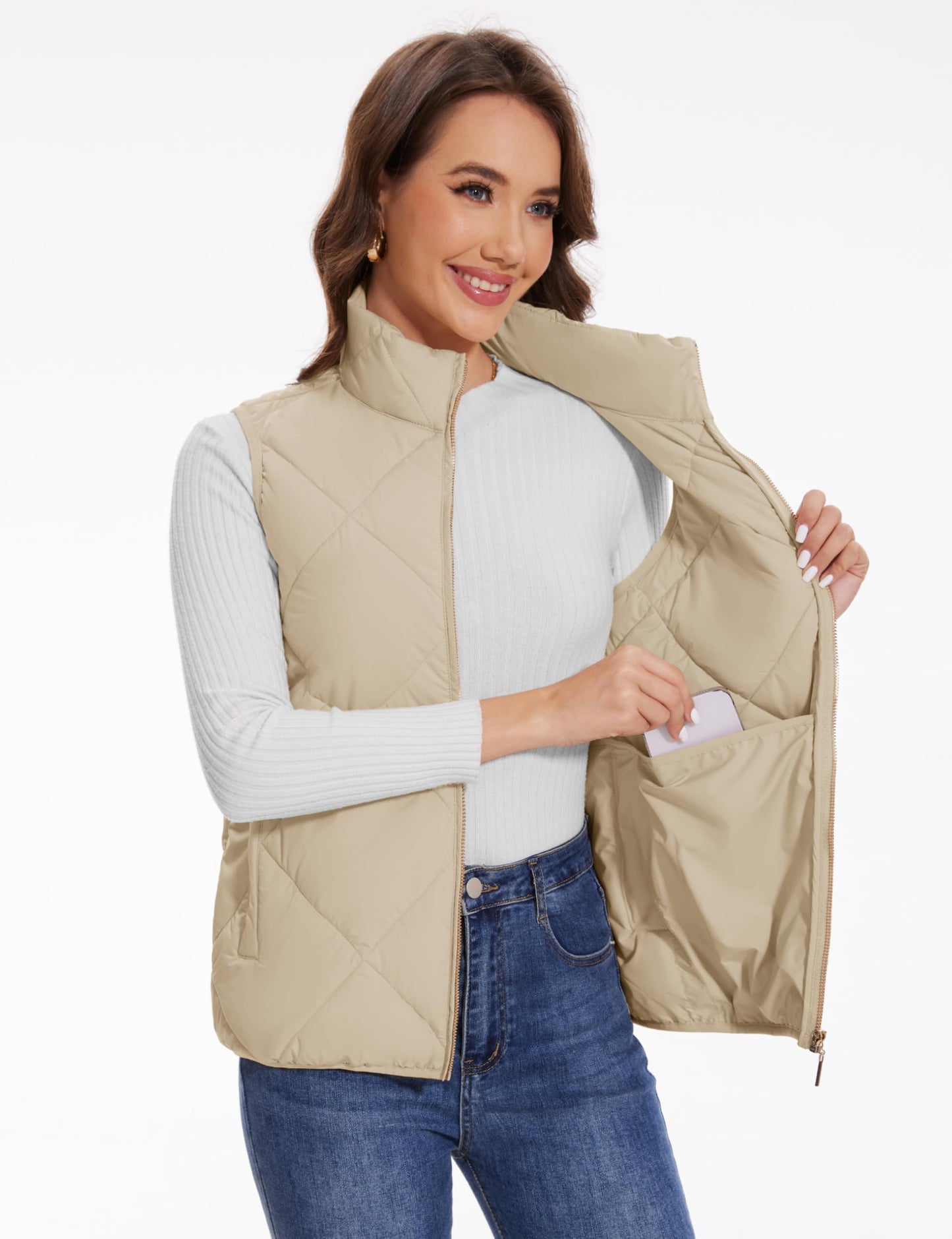 YUCOLEN Womens Quilted Vest Zip Up Puffer Vests Lightweight Sleeveless Winter Warm Stand Collar 4 Pockets Puffy Jackets Padded Gilet Winter Outerwear champagne XL