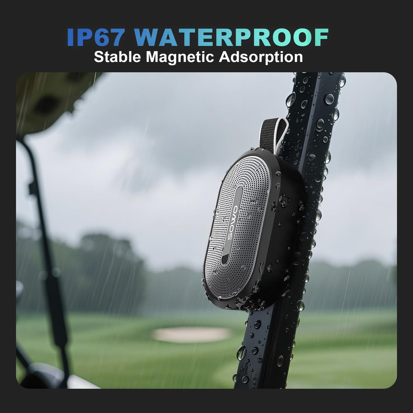 SOWO Wireless Portable Small Speaker, Ultra Magnetic Bluetooth Speaker for Golf Cart, Coverless IP67 Waterproof, 24 H Playtime, Pro Sound, Clip On Design for Outdoor, Indoor - Black
