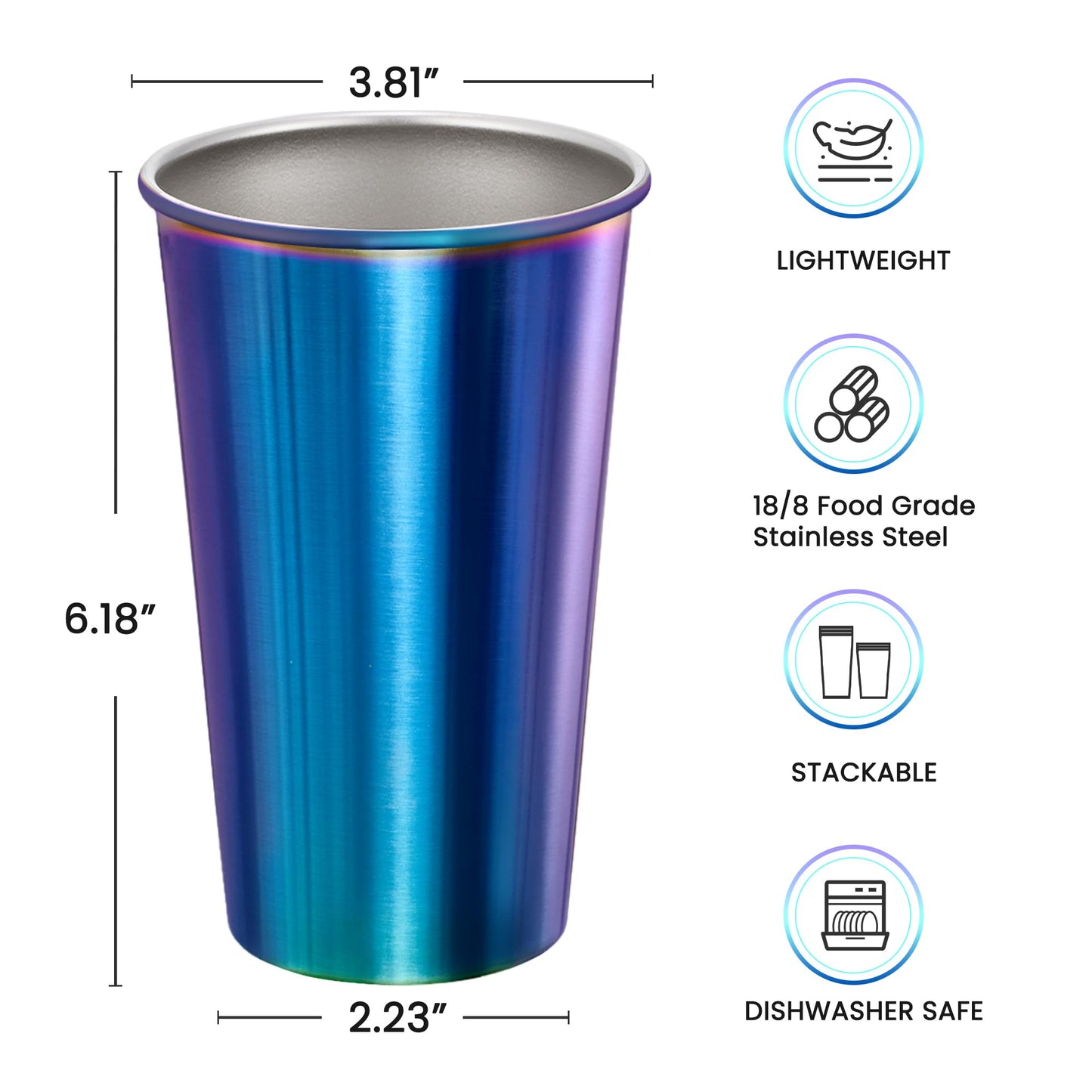 MEWAY 16 Pack 24oz Stainless Steel Pint Cup,Healthy Unbreakable and Stackable,Metal Drinking Glasses，Beer Glasses（Rainbow）
