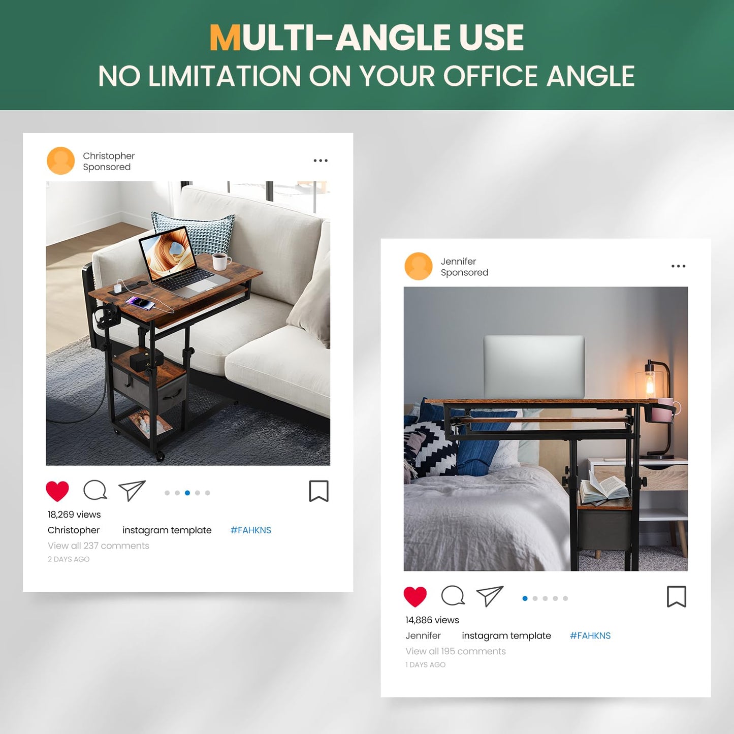 FAHKNS C Desk on Wheels, Height Adjustable Overbed Desk with Charging Station, Couch with Cup Holder, Hook, Drawers, C Shaped End Table for Couch, Over Bed, Living Room