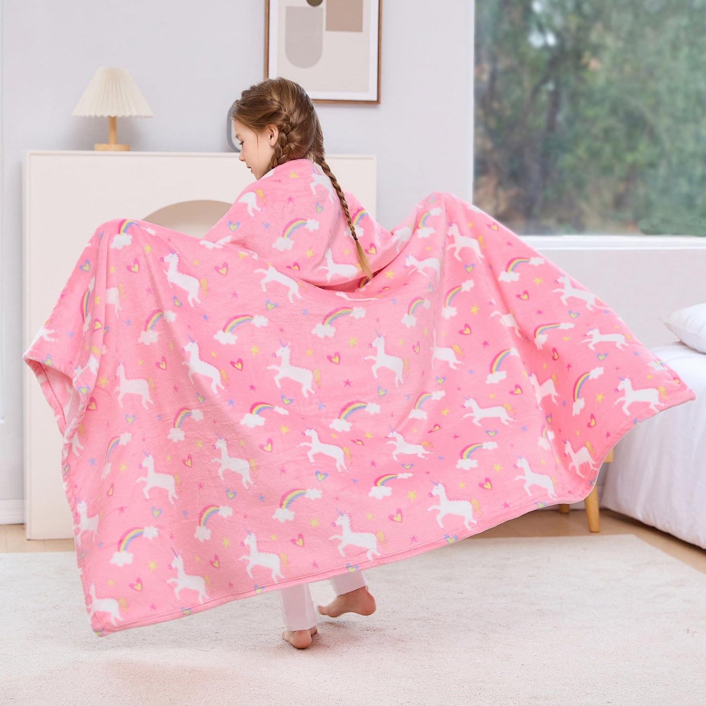 Viviland Kids Unicorn Print Blanket, Warm Lightweight Plush Pink Unicorn Fleece Throw for Sofa, Couch, Bed - 30" x 40"