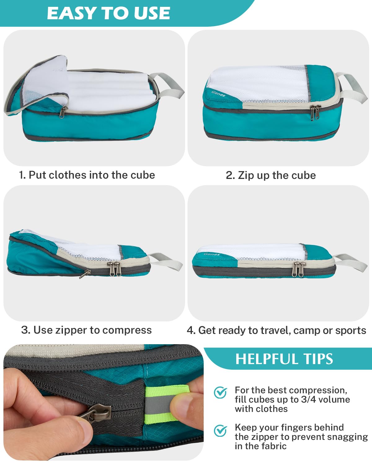Gonex Compression Packing Cubes Mesh Organizers 1L+2M+2S+Laundry Bag Blue