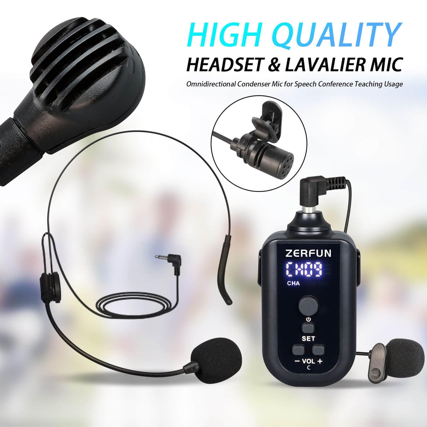 ZERFUN Rechargeable Wireless Microphone System 4 Channel Pro, UHF Metal Handheld Headset Lavalier Lapel Mics Cordless for Church Karaoke Singing with Volume Control, 4x50 Frequency(G8)