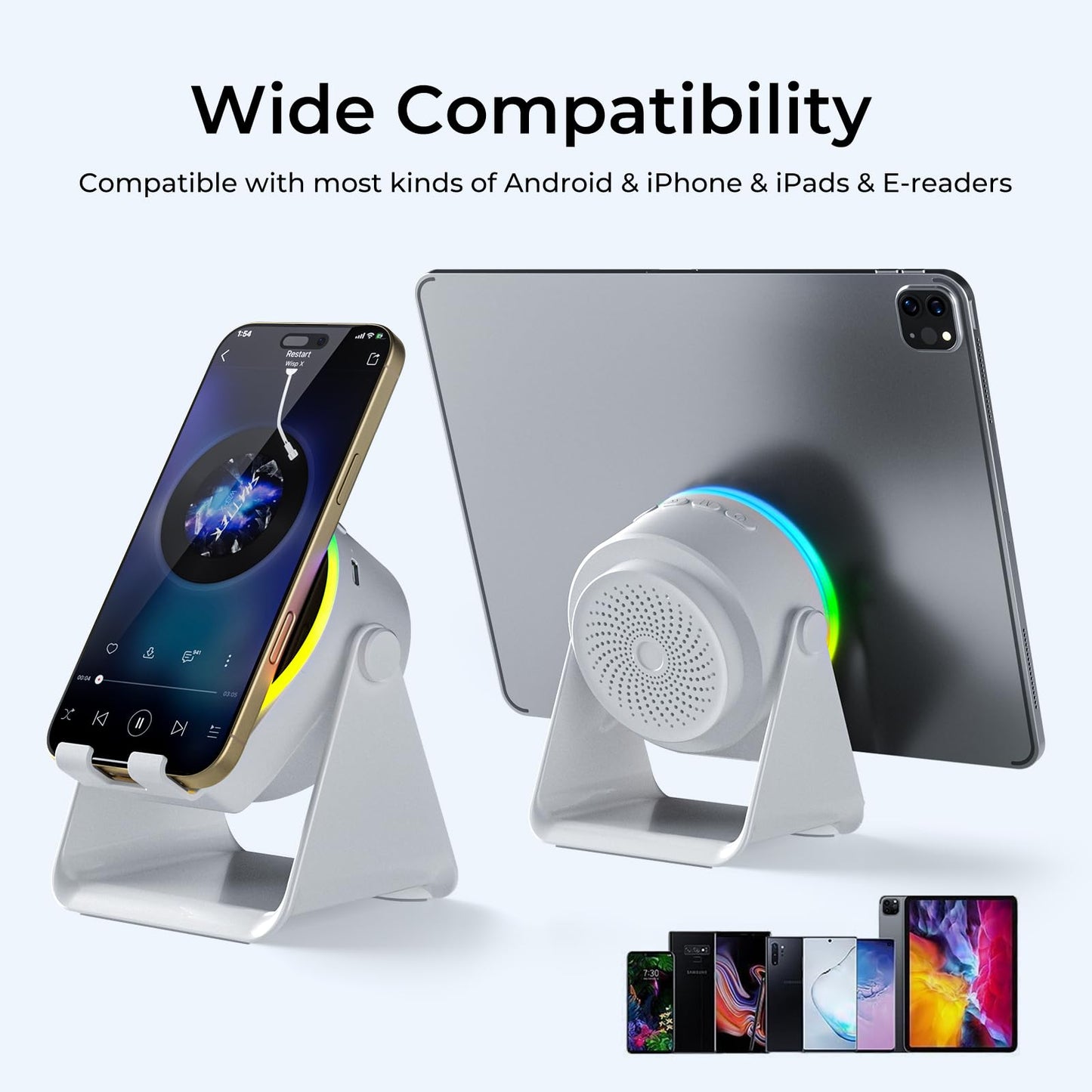 Dohelly Wireless Induction Speaker, Cell Phone Stand with Bluetooth Speaker, Stereo Sound, RGB Ambient Light, Phone Holder Compatible with iPhone/iPad/Android/Samsung Galaxy-White