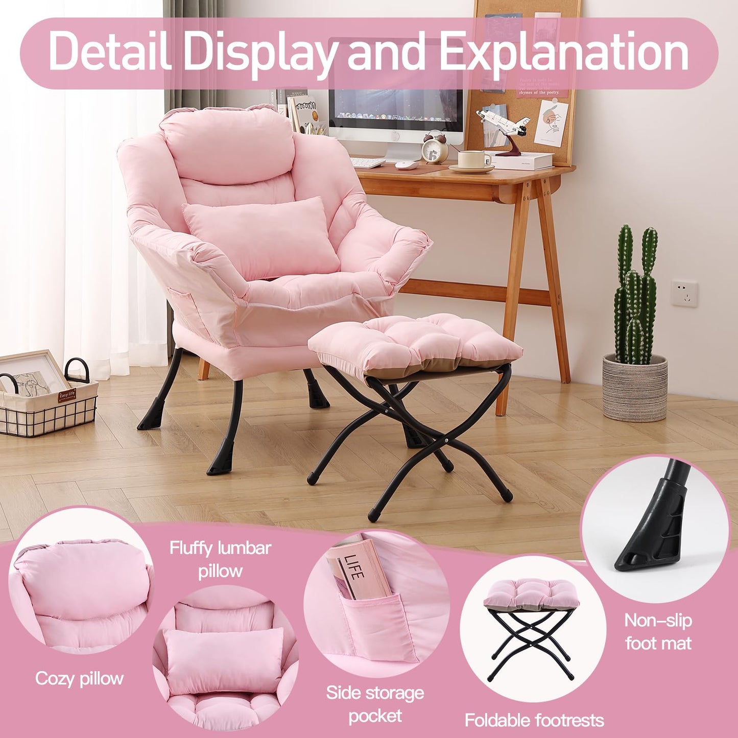DreamNook Lazy Chair with Ottoman, Modern Accent Chair with Lumbar Pillow, Comfy Chairs with Folding Footrest for Bedroom, Reading, Oversized Supportive Lounge Chairs(Pink)