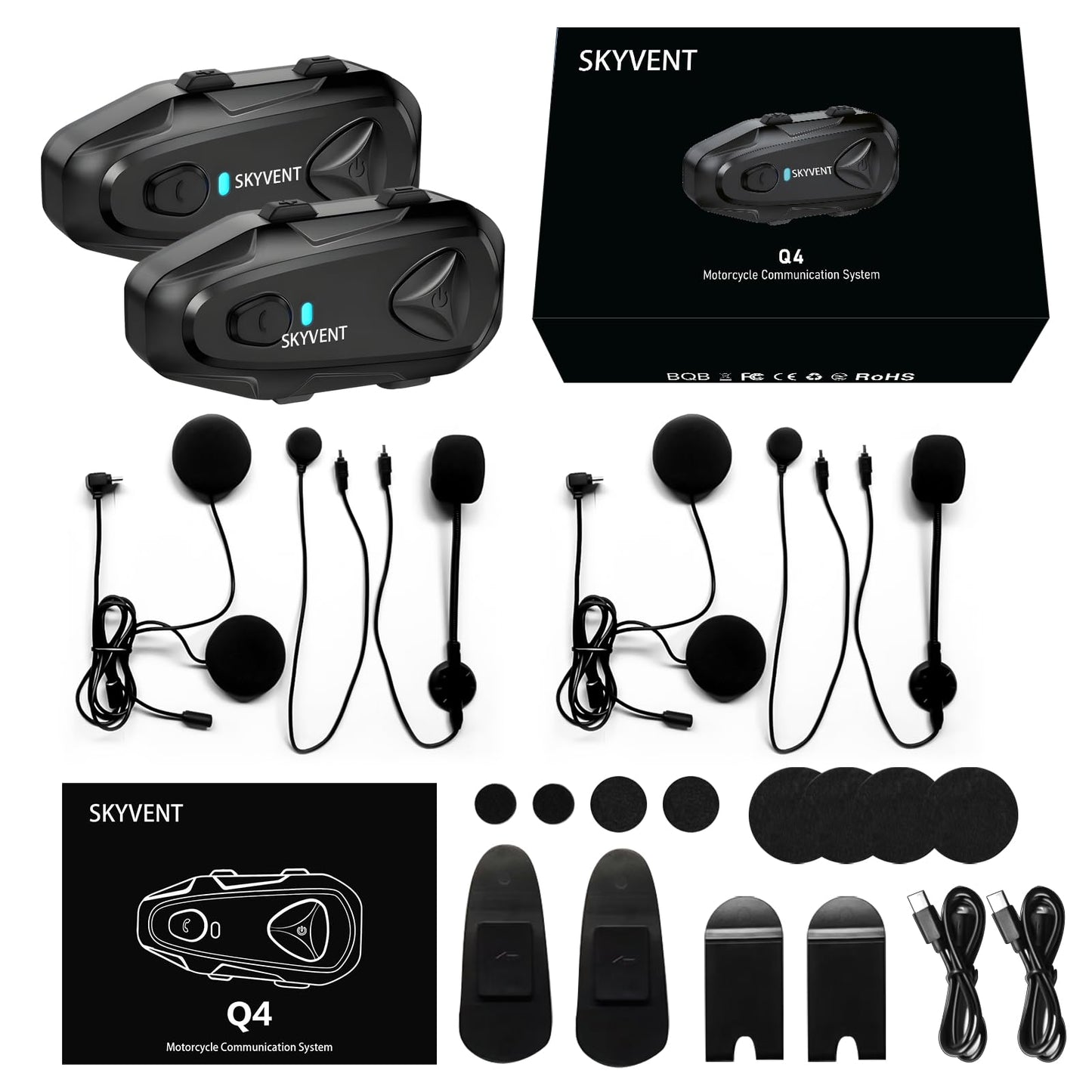 SKYVENT Q4 Motorcycle Bluetooth Communication System Headset Intercom, 4 Riders 1500m Music Sharing, FM, Noise Cancellation, IP65 Waterproof, Dual Pack (Q4)