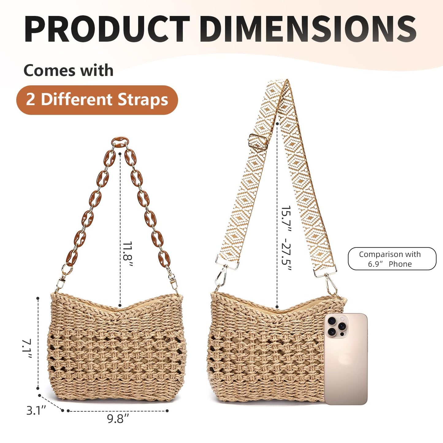 Herald Small Handmade Straw Pocketbook Crossbody Bag for Women, Summer Chic Woven Handbag Shoulder Purse with Chain (Hollow Out Coffee)