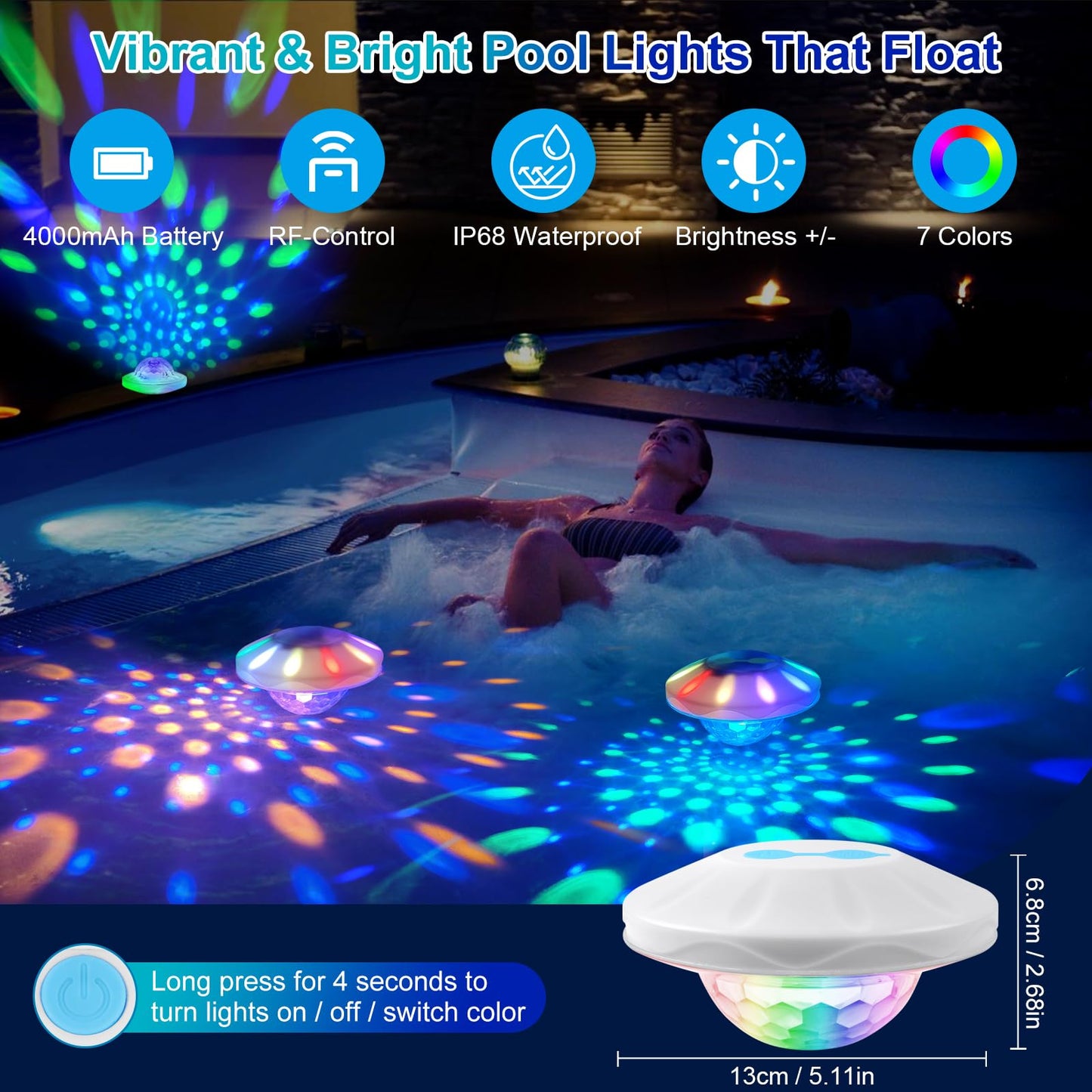 TEPENAR Rechargeable Floating Pool Lights: 2 Pack Pool Light That Float with RGB Color Changing Upper and Lower Floating Lights Remote Control IP68 Waterproof Bathtub Lights for Pond Garden Party
