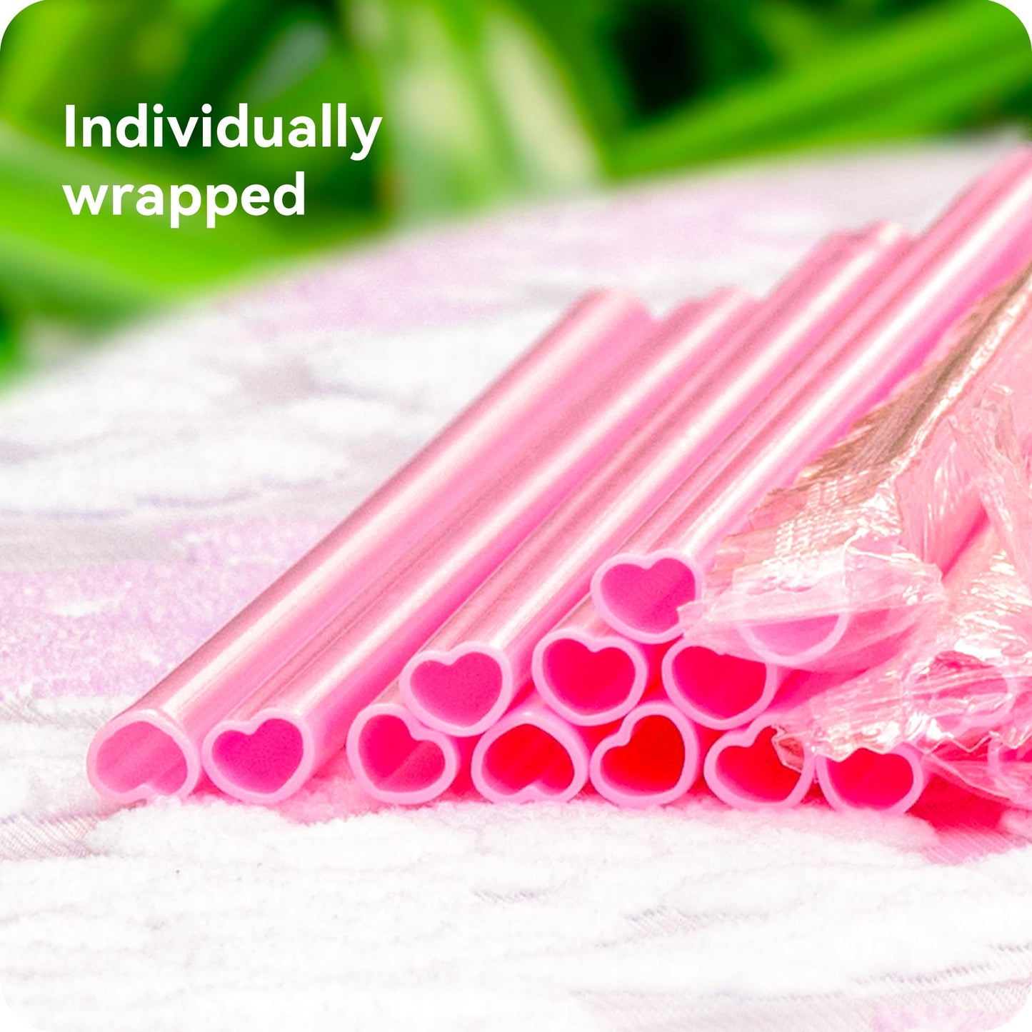 Snowfall 50 pcs Pink Heart Shaped Disposable Straws- Plastic Drinking Cute Straw for Valentines Day Cocktail Birthday Party Bridal Shower Wedding Supplies, Individually Wrapped, Pink