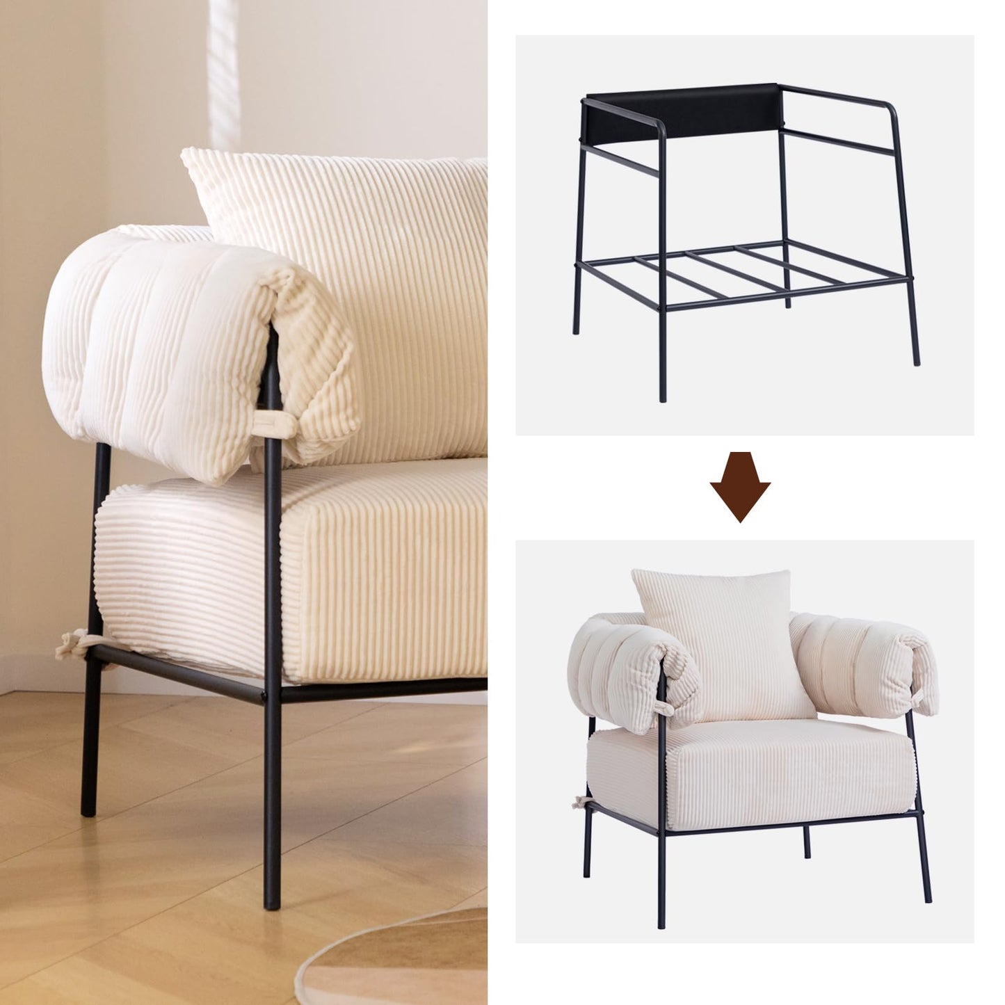 HollyHOME Modern Velvet Accent Chair, Upholstered Comfy Reading Chair, Fabric Large Lazy Arm Chair with Soft Cushion, Metal Frame Lounge Sofa Chair for Living Room, Bedroom, Balcony, Beige