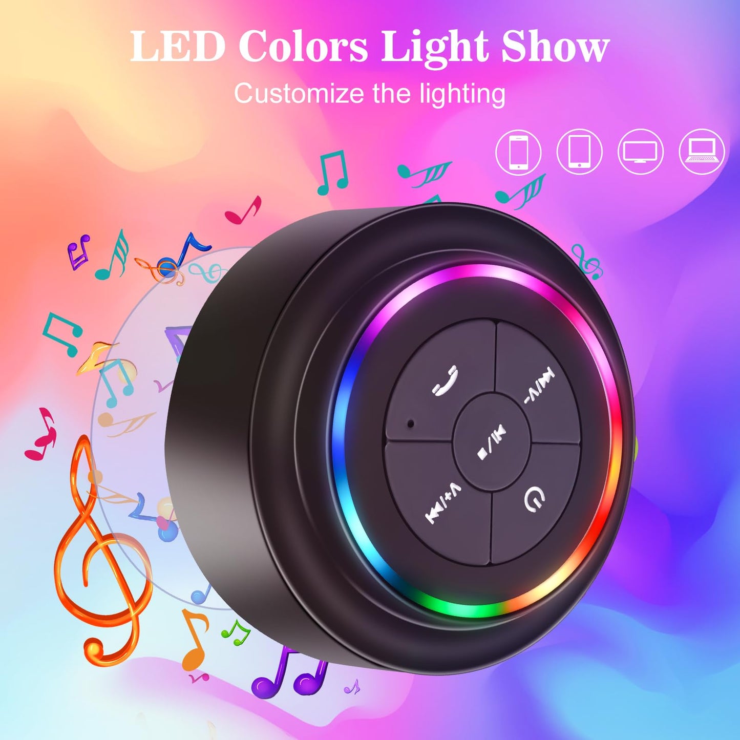 TDLIRH Bluetooth Waterproof Shower Speaker, Portable Wireless Speaker with Suction Cup, Colorful Lights, Teen Gift Idea for Shower, Bathroom, Pool, Beach