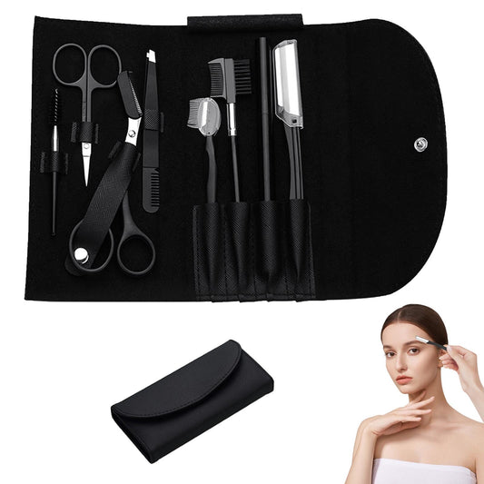8PCS/SET Professional Eyebrow Shaping Grooming Kit - Beauty Tools Set with Leather Bag Eyebrow Grooming Kit for Women & Men, Eyebrow Trimming Kit With Razor Eyebrow Scissors and Brush with Comb Black