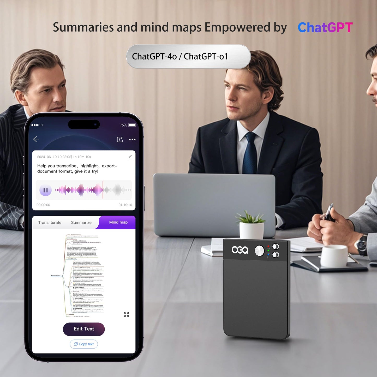 OEQ AI Smart Recorder with Simultaneous Interpretation & Real-timeTranscription,64GB AI Speech Processor Powered by ChatGPT 4.5 with App Control for Students/Creatives/Journalist in Meetings (Black)