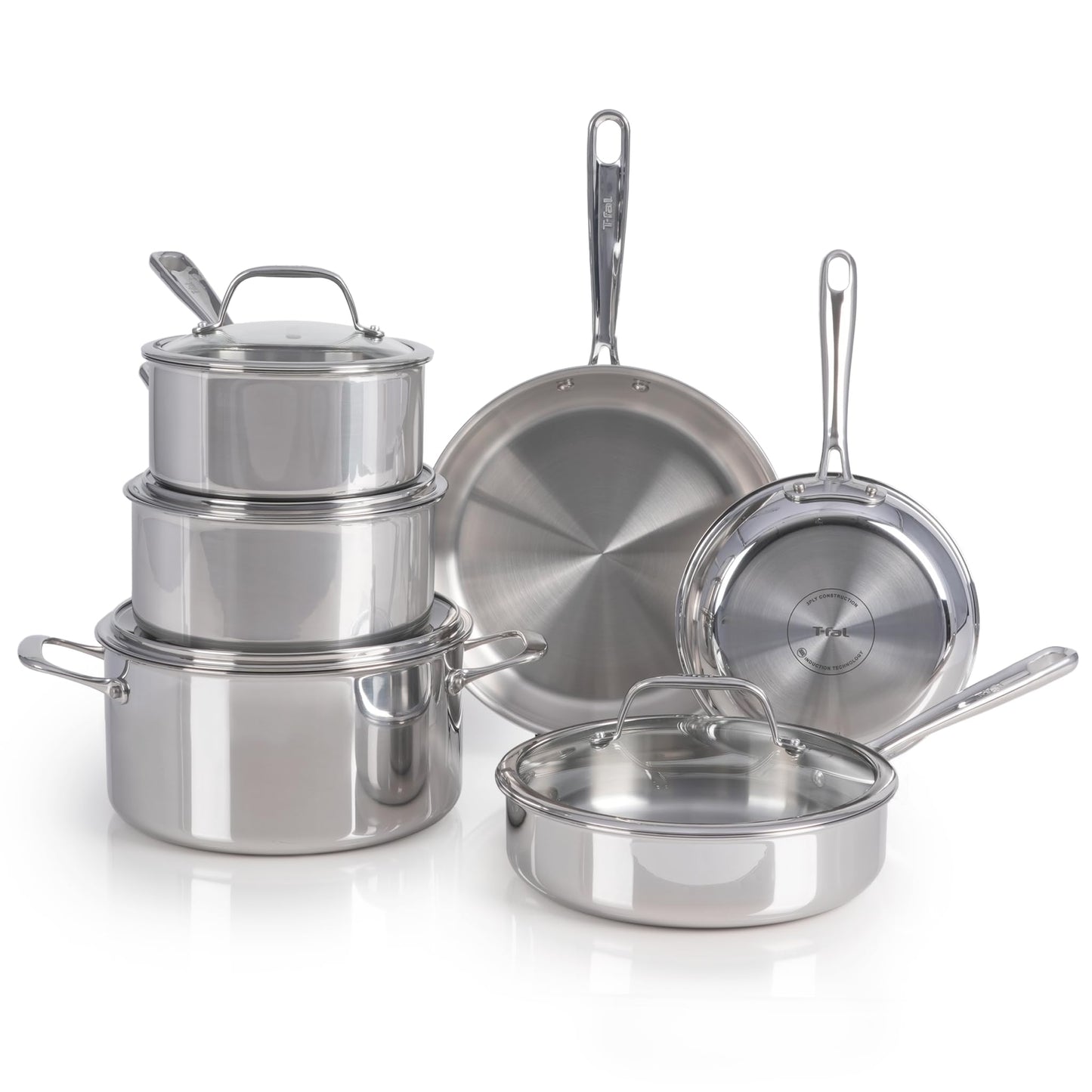 T-fal Pro Tri-Ply Stainless Steel Cookware Set 10 Piece, Induction Compatible Oven Safe 500F, Lids 350F, Fast & Even Heat, Professional Quality & Durability, Pots and Pans Set, Dishwasher Safe, Silver
