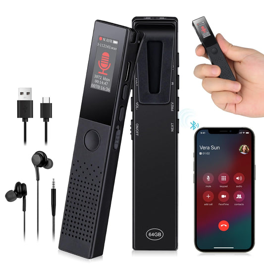 WearHome 64GB Digital Voice Recorder - Bluetooth Playback, 3072KBPS Voice Activation, Password Protection - Ideal for Lectures, Meetings, Interviews.