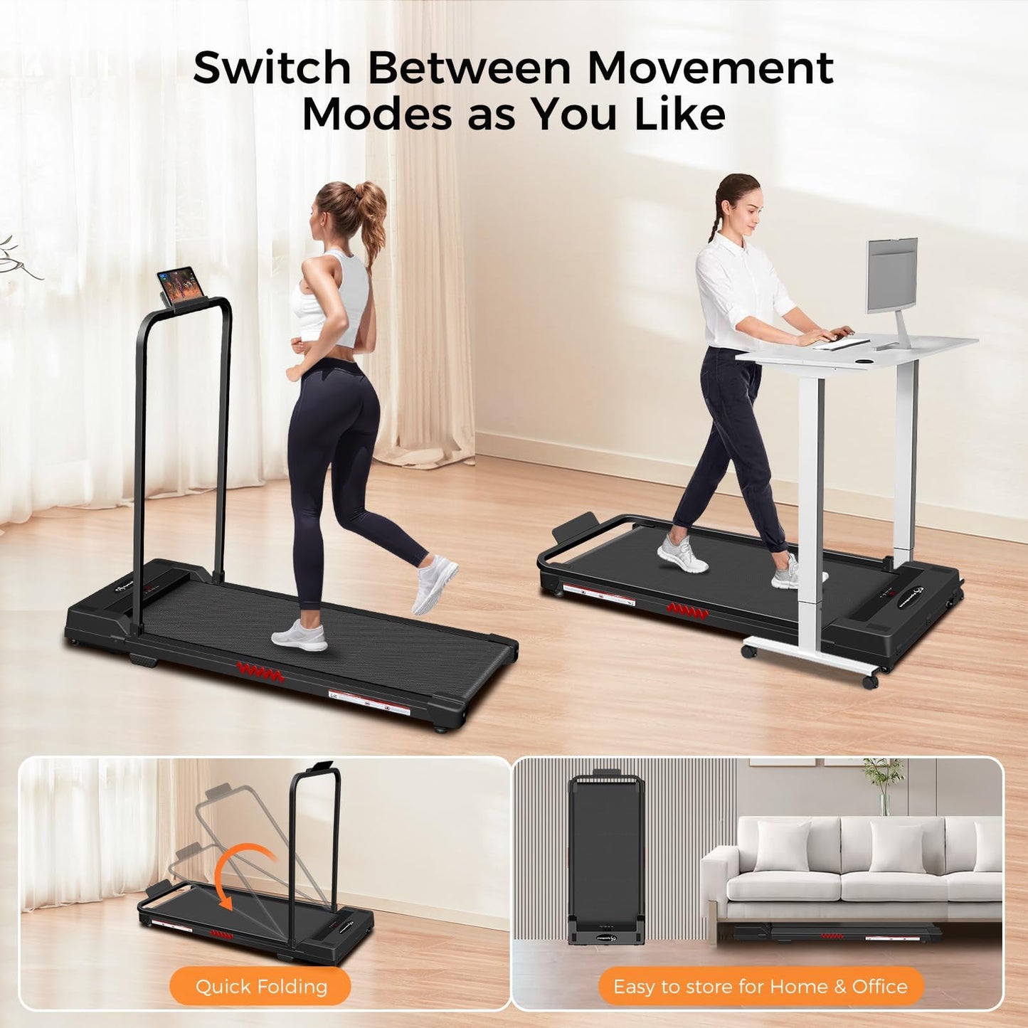 Walking Pad with Handle Bar, Portable Treadmills for Home Small Spaces, 3.0 HP Foldable Folding Walking Pad Treadmill with Handles, Running Machine with Remote Control, 300LBS Capacity