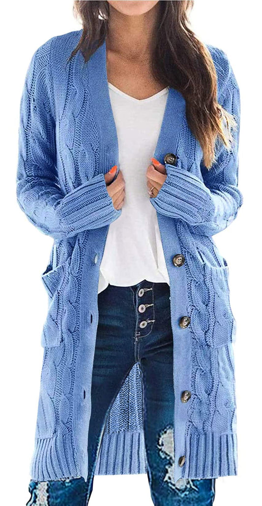 PRETTYGARDEN Long Sleeve Cable Knit Long Cardigan for Women 2025 Fall Winter Chunky Open Front Button Sweaters with Pockets (Sky Blue, X-Large)