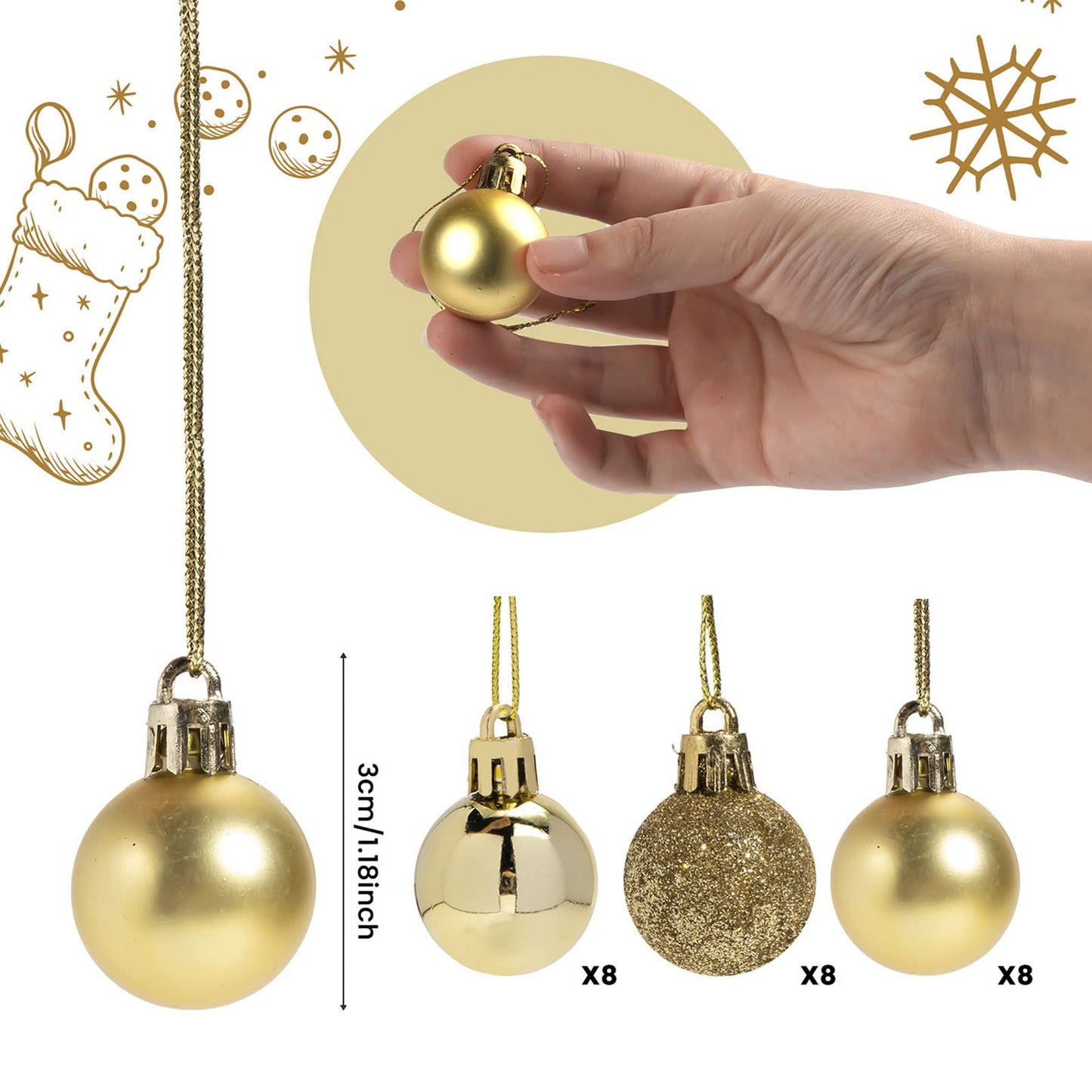 GOOTRADES Set of 24 Mini Shatterproof Christmas Balls Tree Ornaments Party Decoration, 3cm/1.1'' (Gold)