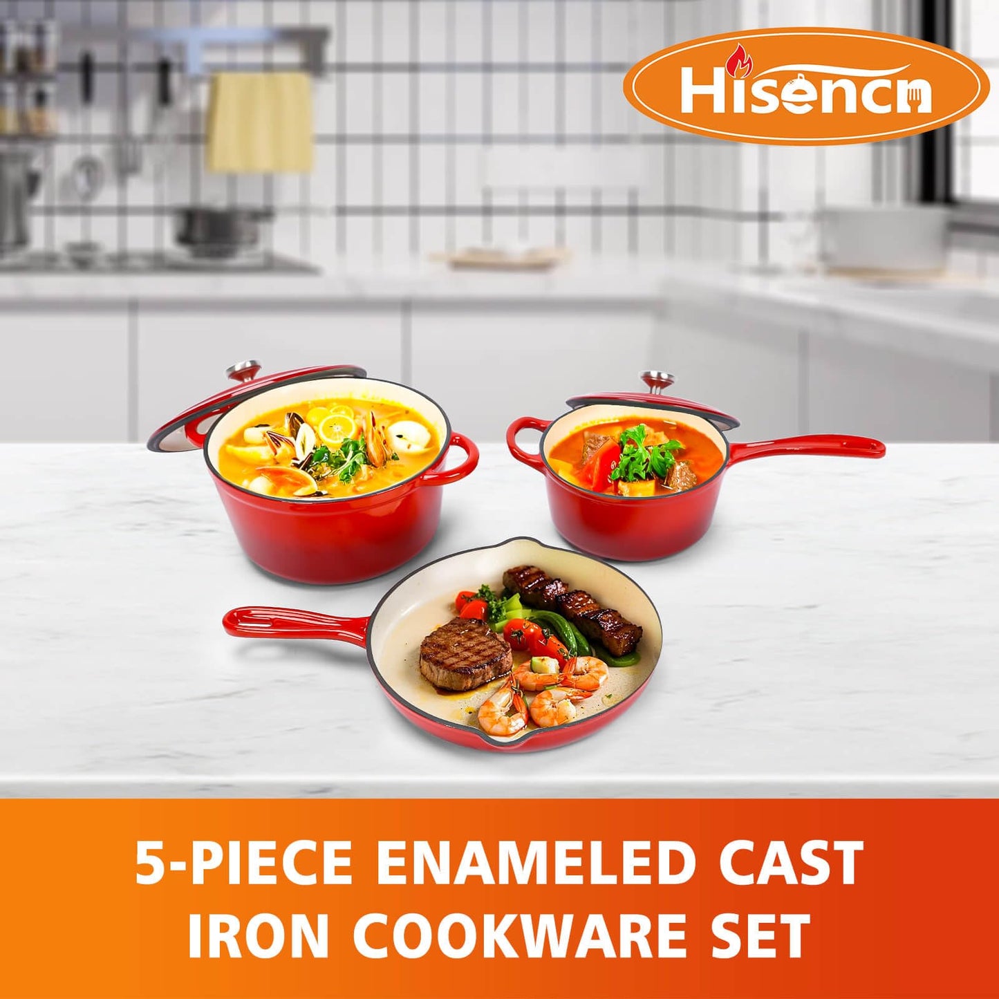 Hisencn Enameled Cast Iron Cookware Set - 5 Piece Set of Dutch Oven, Sauce Pan, Skillet, 2 Lids, Dutch Oven Set, Ceramic Coated Cast Iron, Heavy Duty, Gas/Induction Compatible, PFA Free, Rouge Red