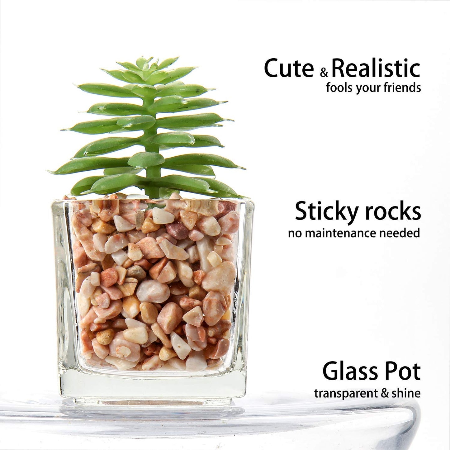 Briful Mini Fake Plants 4 Packs Succuletns Artificial Potted Plants in Cube Glass Vase Faux Succulents for Bathroom Living Room Kitchen Shelf Table Decor
