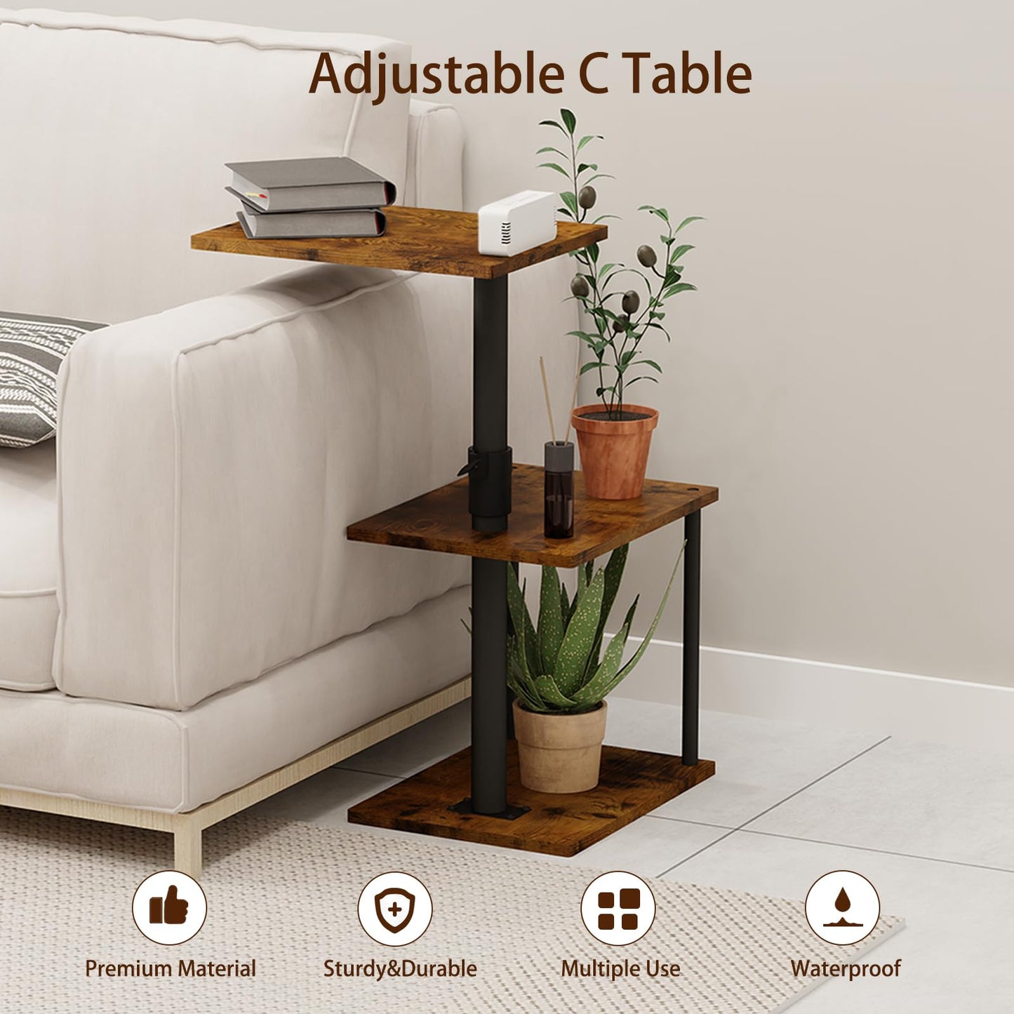 Faesun Swivel Side Table for Couch Arm, Height Adjustable C Shaped End Table for Recliner or Bed, Tv Trays with Storage Shelf for Small Spaces- Small Nightstand for Living Room, Bedroom