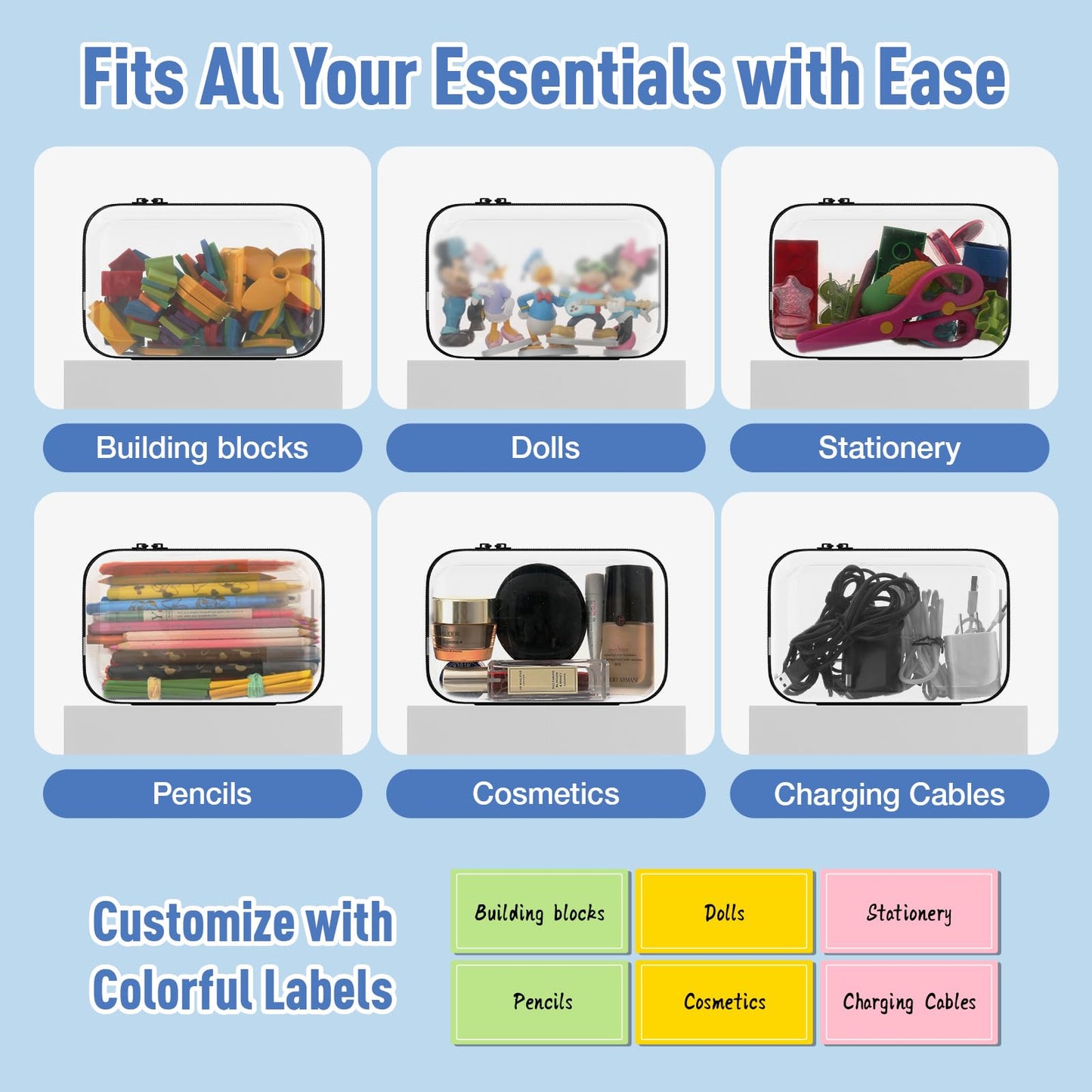 Mihkiom 2Pcs Clear Hard Shell Zipper Case, BIiss Plastic Bins for Organizing, Clear Zipper Pouches Makeup Case & Lidded Storage Bins Organizer for Storage Cosmetics, Puzzles, 8.7 x 6.3 x 2.4 Inch