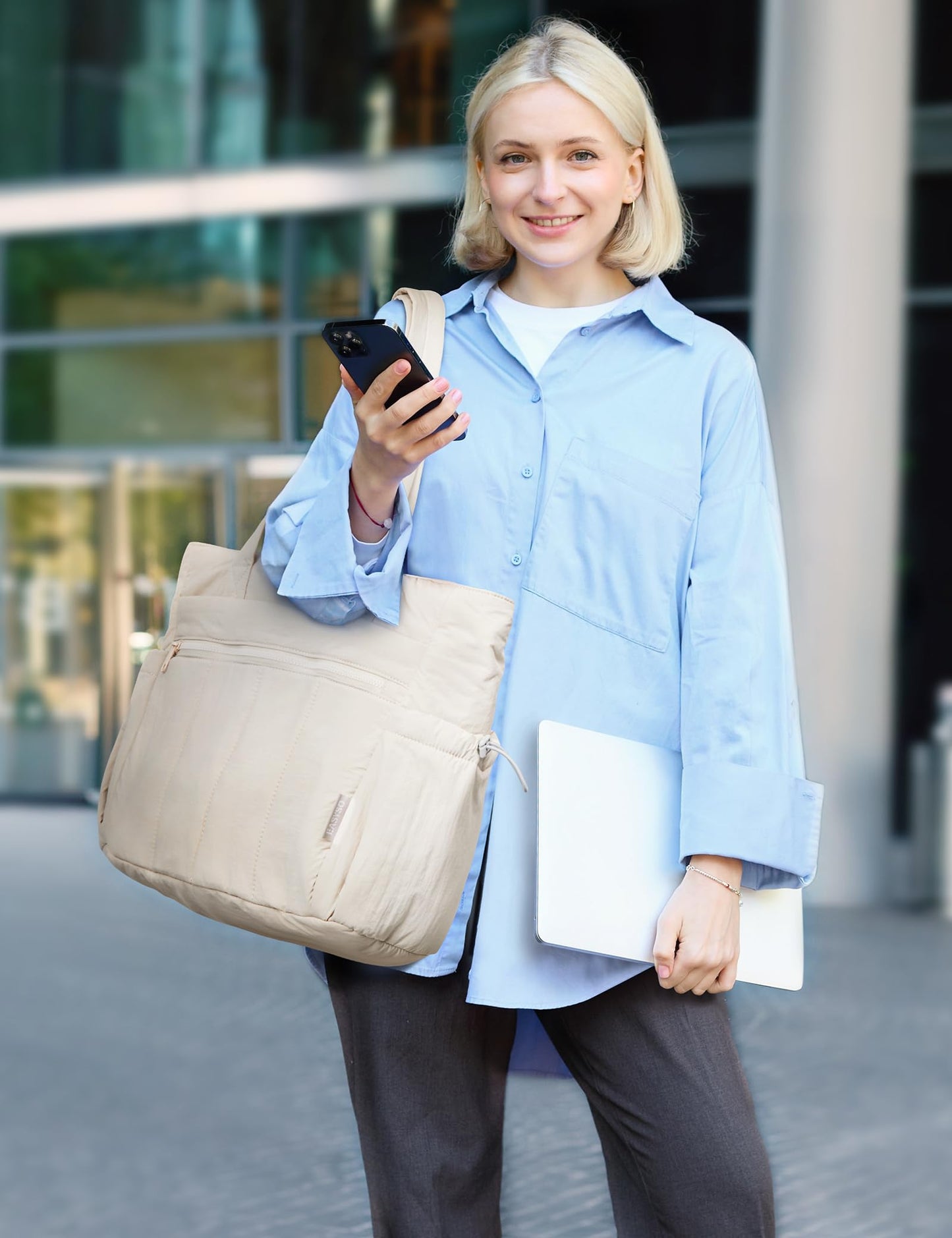 EASYSO Tote Bag for Women, Lightweight Large Puffer Bag, Quilted Shoulder Purses Handbags for Travel Work (Beige)