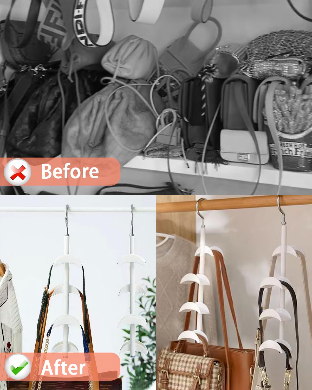 Purse Hanger for Closet, Rotating Purse Organizer for Closet White Purse Holder Purse Hooks for Organizer Storage Purses Tote Bag Handbags Scarf Belt