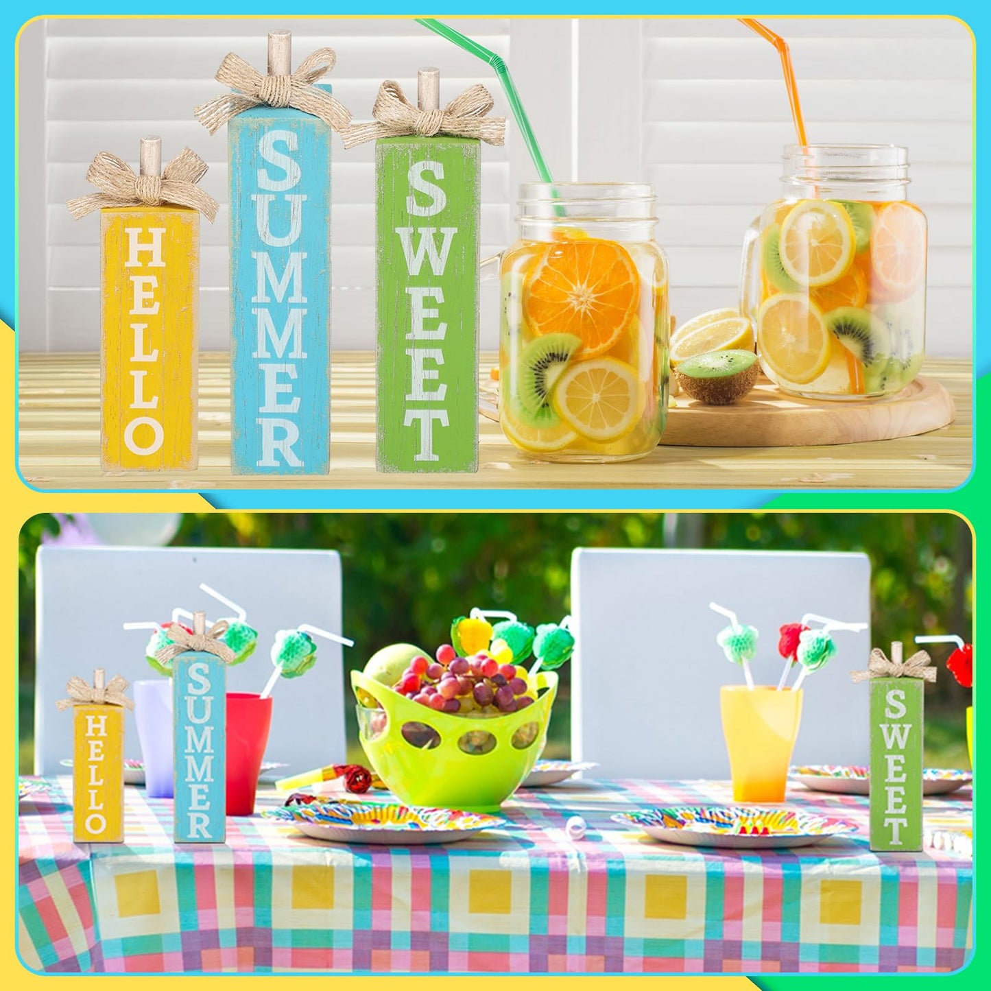 Seeloowy 3 Pcs Hello Sweet Summer Table Block Sign Hello Summer Tiered Tray Decor Rustic Farmhouse Wooden Tabletop Centerpieces for Home Kitchen Shelf Indoor Party Decorations