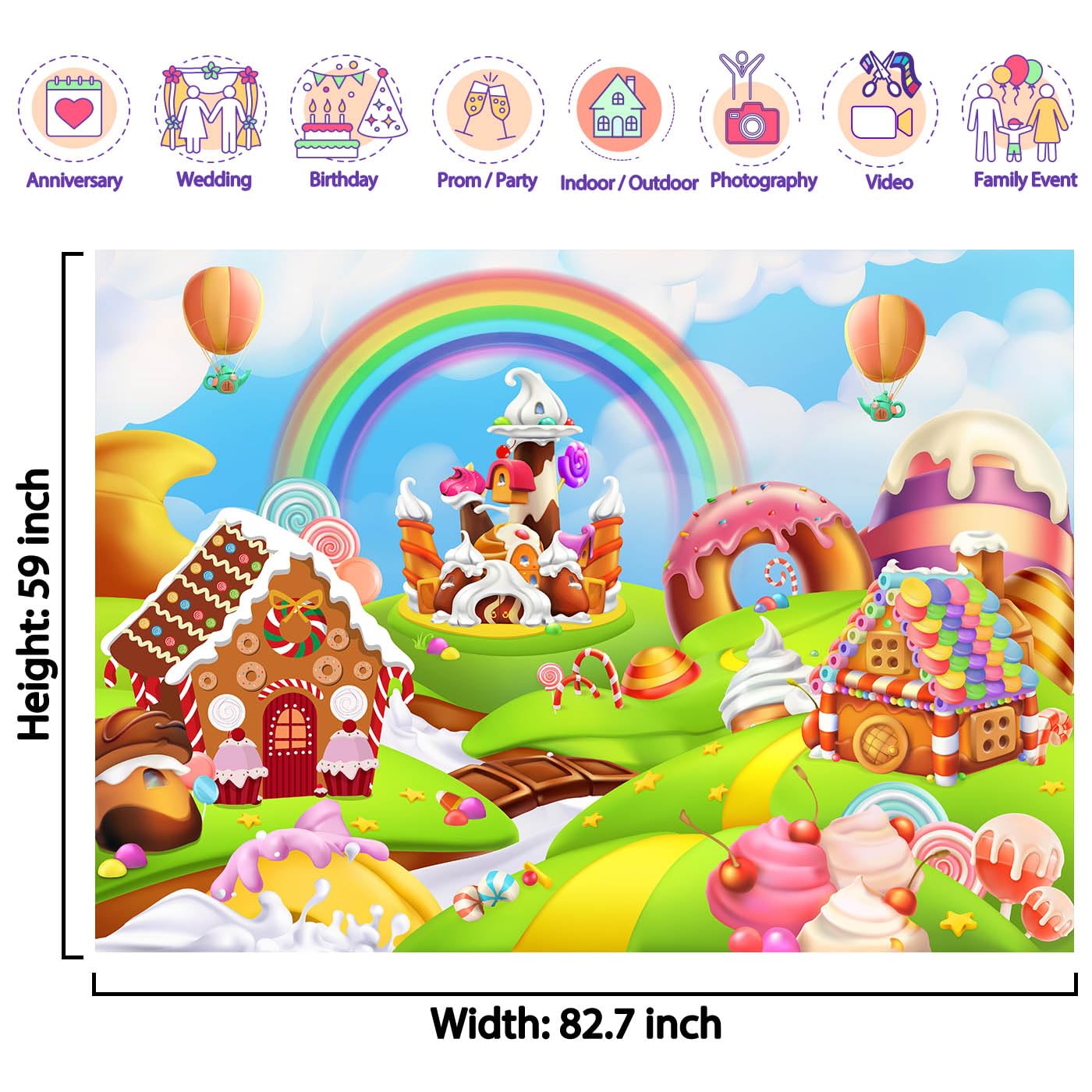 Ladvis 82.7"x59" Candyland Backdrop Gingerbread Party Banner Decorations Candy Land Background, Kids Baby Shower Birthday Decorations Photography Photo Booth Props Sweet Supplies