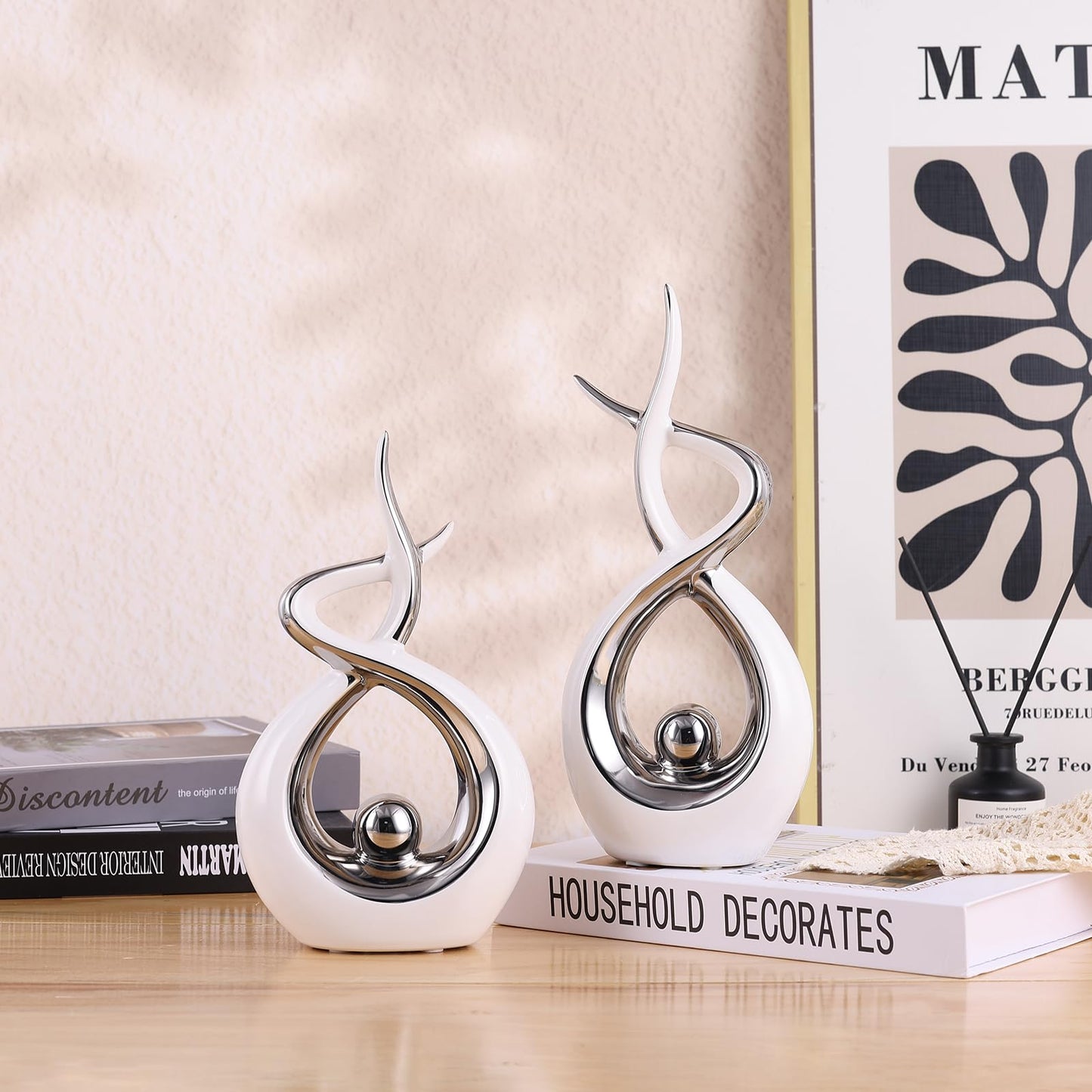 PlivBloom Silver White Abstract Ceramic Modern Sculpture, Knick Knacks Statues for Living Room, Shelf, TV Stand, Coffee Table, Dining Room, Office, Bedroom, Home Decor, Centerpiece, Great Gift Idea