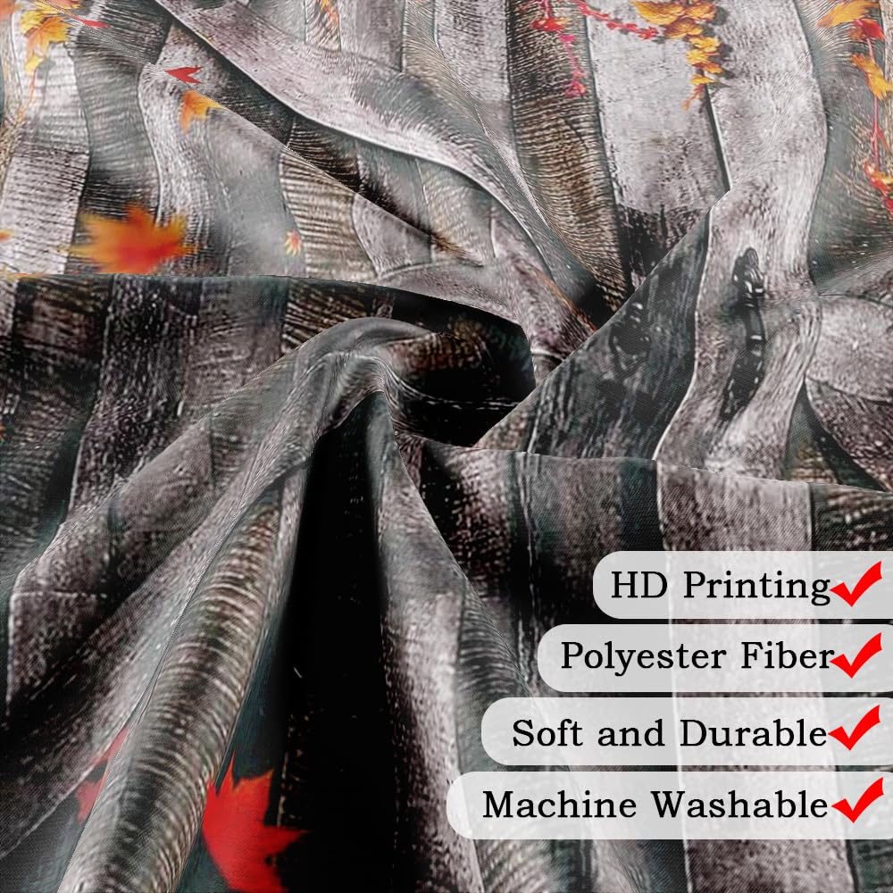 Rustic Fall Barn Door Shower Curtain Sets for Bathroom,Seasonal Theme Autumn Maple Leaves Bath Curtain, Retro Wood Board Thanksgiving Harvest Day Farmhouse Decoration Curtains with Hooks 72X84IN