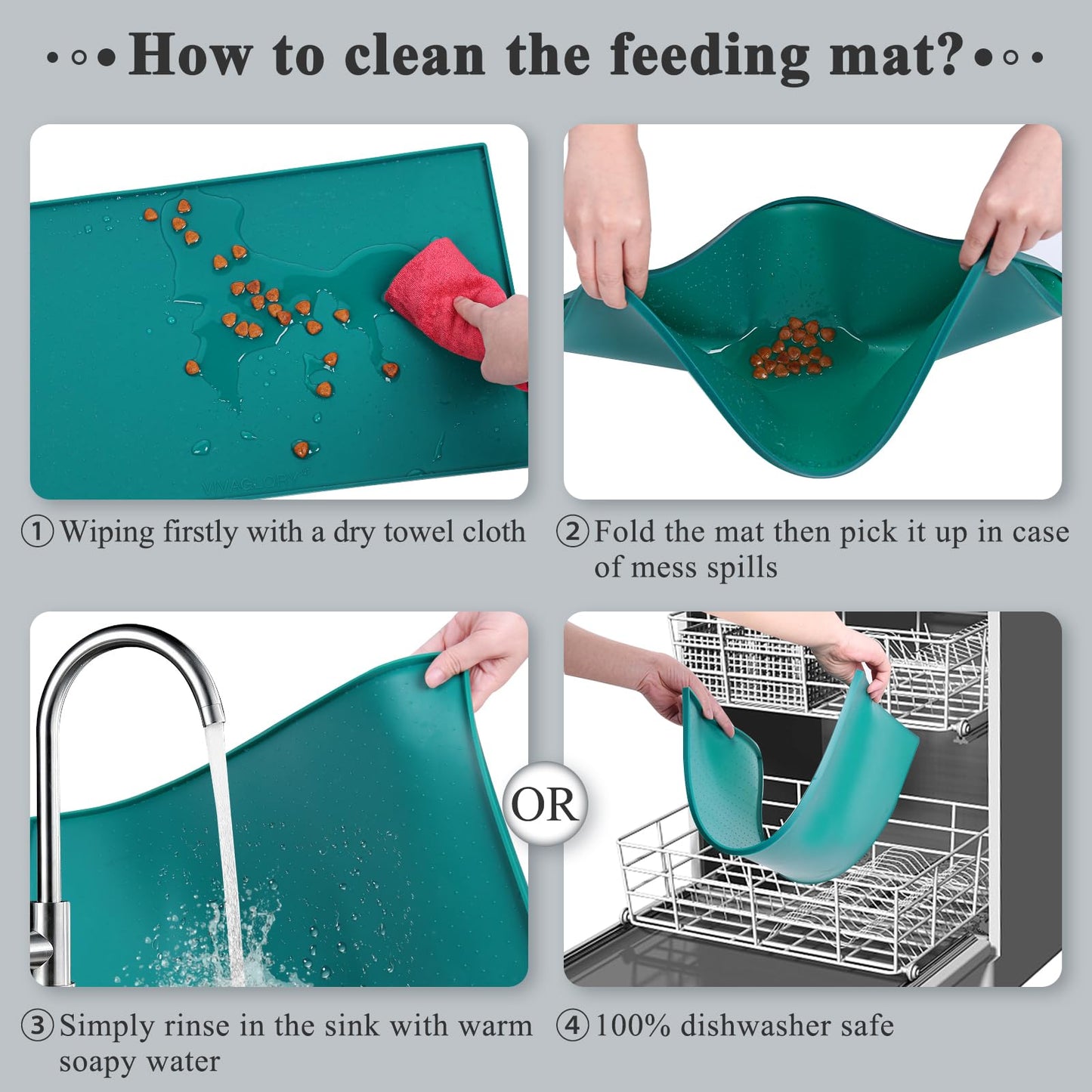 VIVAGLORY Dog Food Mat, Cat Dog Feeding Mat, Waterproof Non-Slip Food Grade Silicone Mat Placemat with Raised Edge, Anti-Messy Pet Bowl Mat for Food and Water, Deep Green, S(19"x12")