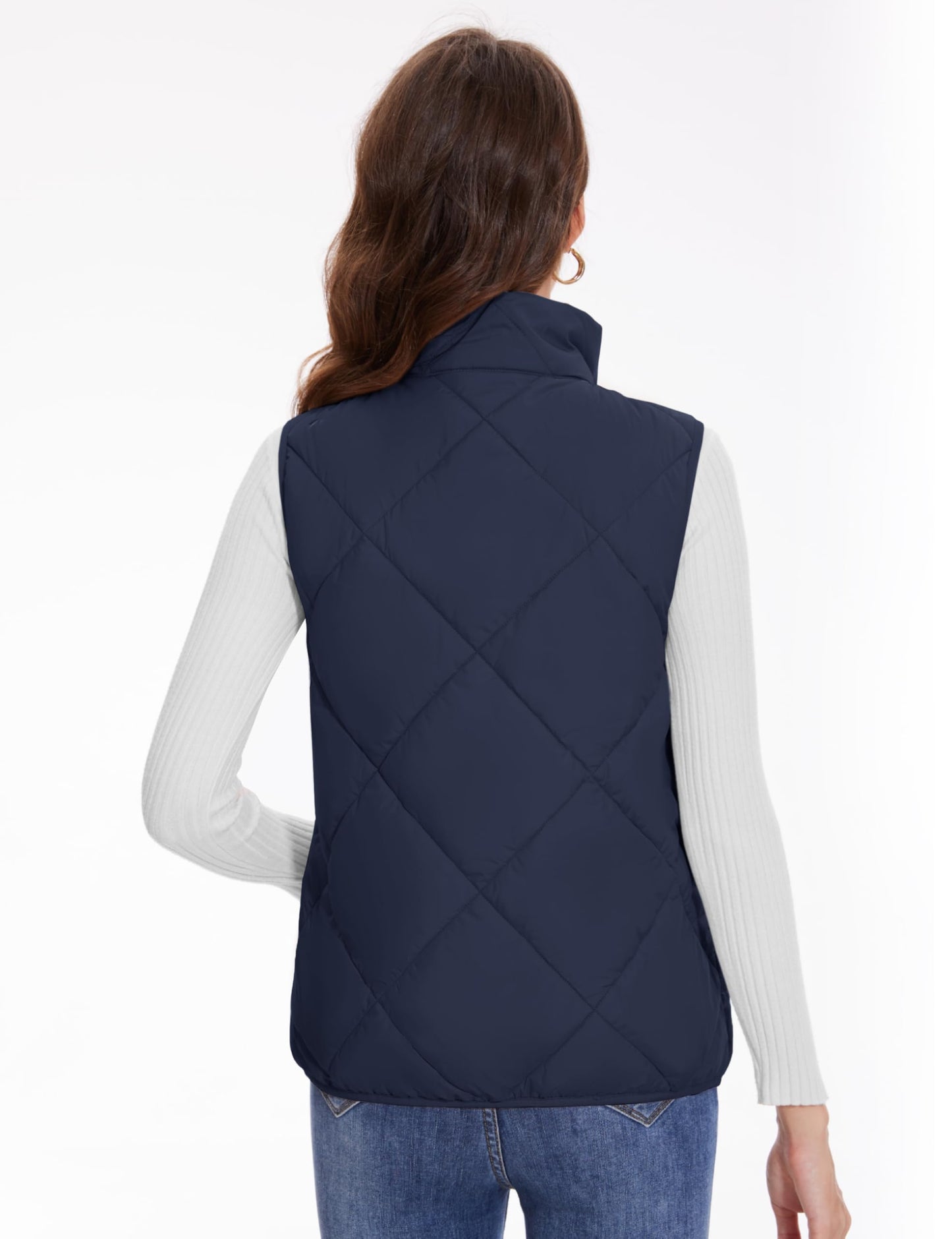 YUCOLEN Womens Quilted Vest 4 Pockets Zip Up Puffer Vests Lightweight Sleeveless Winter Warm Stand Collar Puffy Jacket Padded Outerwear Navy blue XL